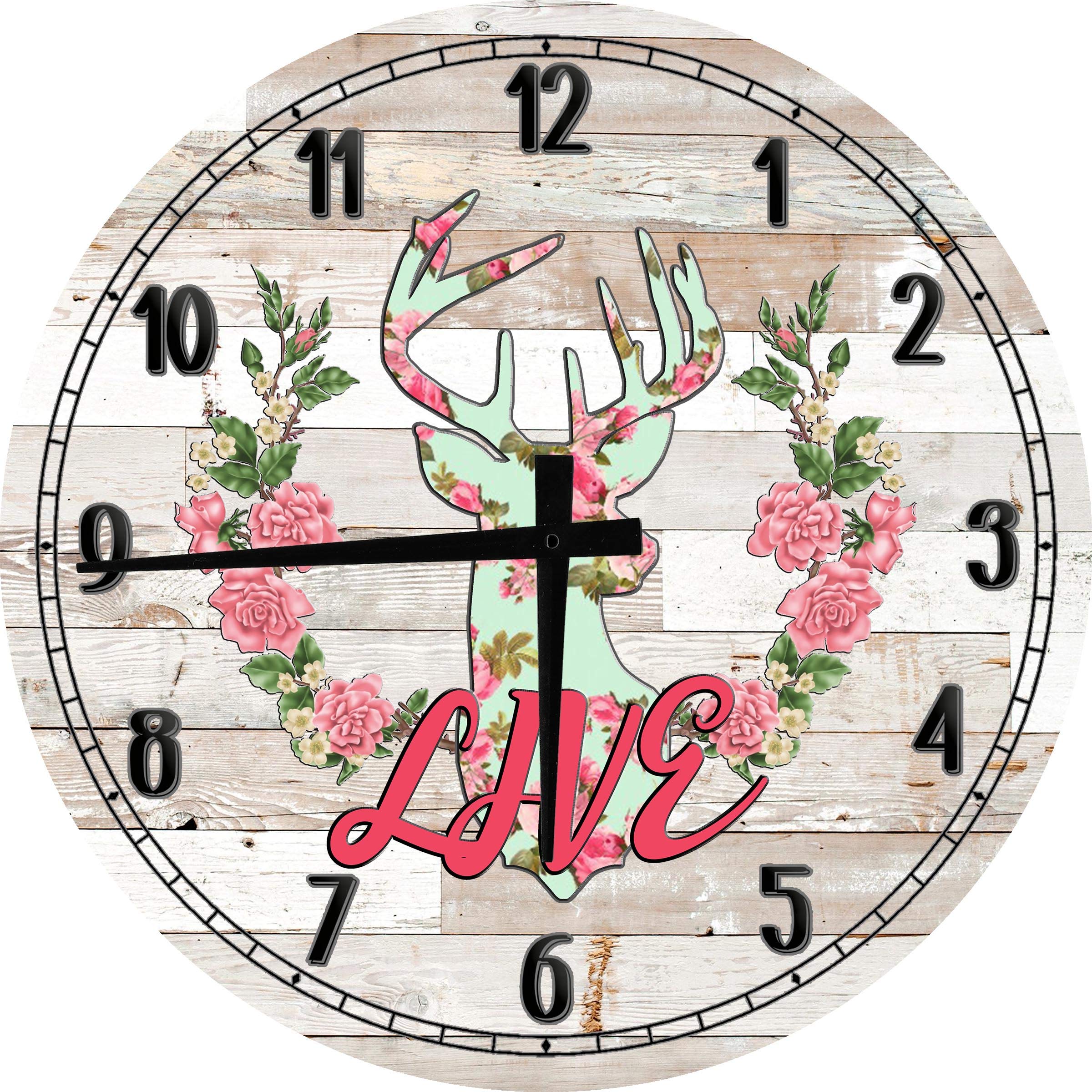 Boho Wall Art - Large 12 Inch Round Wood Wall Clock with Deer, Flower & Reef Design - White Home Decor for Living Room, Bedroom & Office