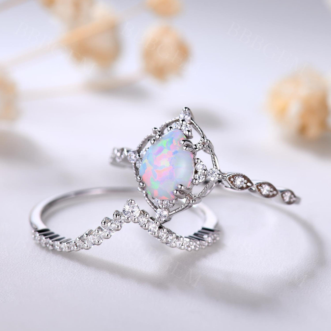 Vintage White Opal Engagement Ring Set - 14K Rose Gold Wedding Band for Women, Bridal Anniversary Jewelry Gift (Perfect for Proposals, Weddings & Romantic Occasions)
