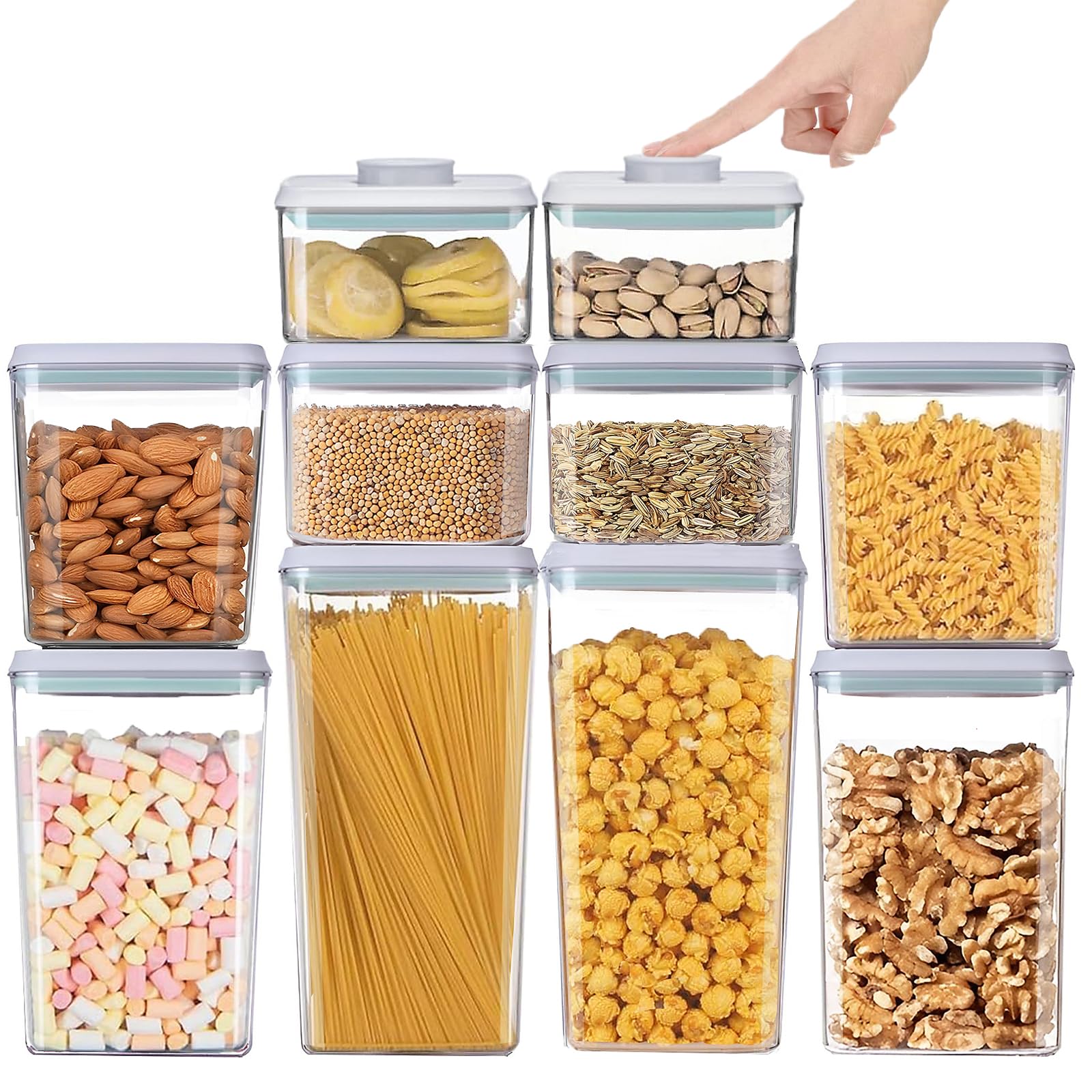 10-Piece Airtight Food Storage Container Set with Lids - BPA-Free Pop-Up Containers for Cereal, Snacks, Flour, Sugar, Coffee & Pasta (0.5QT,1.2QT,2.0QT,2.7QT,3.3QT x2) - Stackable Kitchen Organization with Labels - Perfect for Pantry, Office & Meal Prep