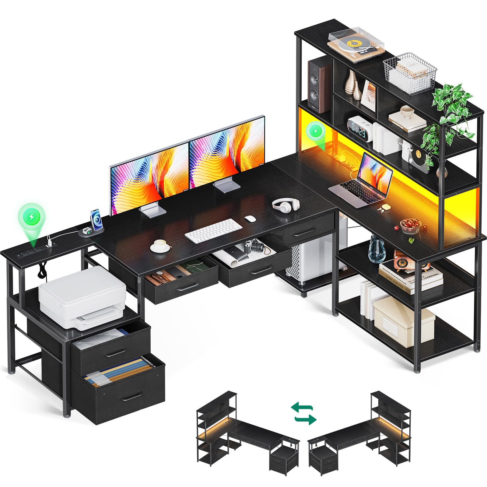 AODK 79 Inch Black L-Shaped Gaming Desk with Power Outlets, LED Lights & Storage Shelves - Reversible Computer Desk with File Drawers for Home Office & Gaming Setup - Perfect for Small Spaces, Streaming & Work From Home