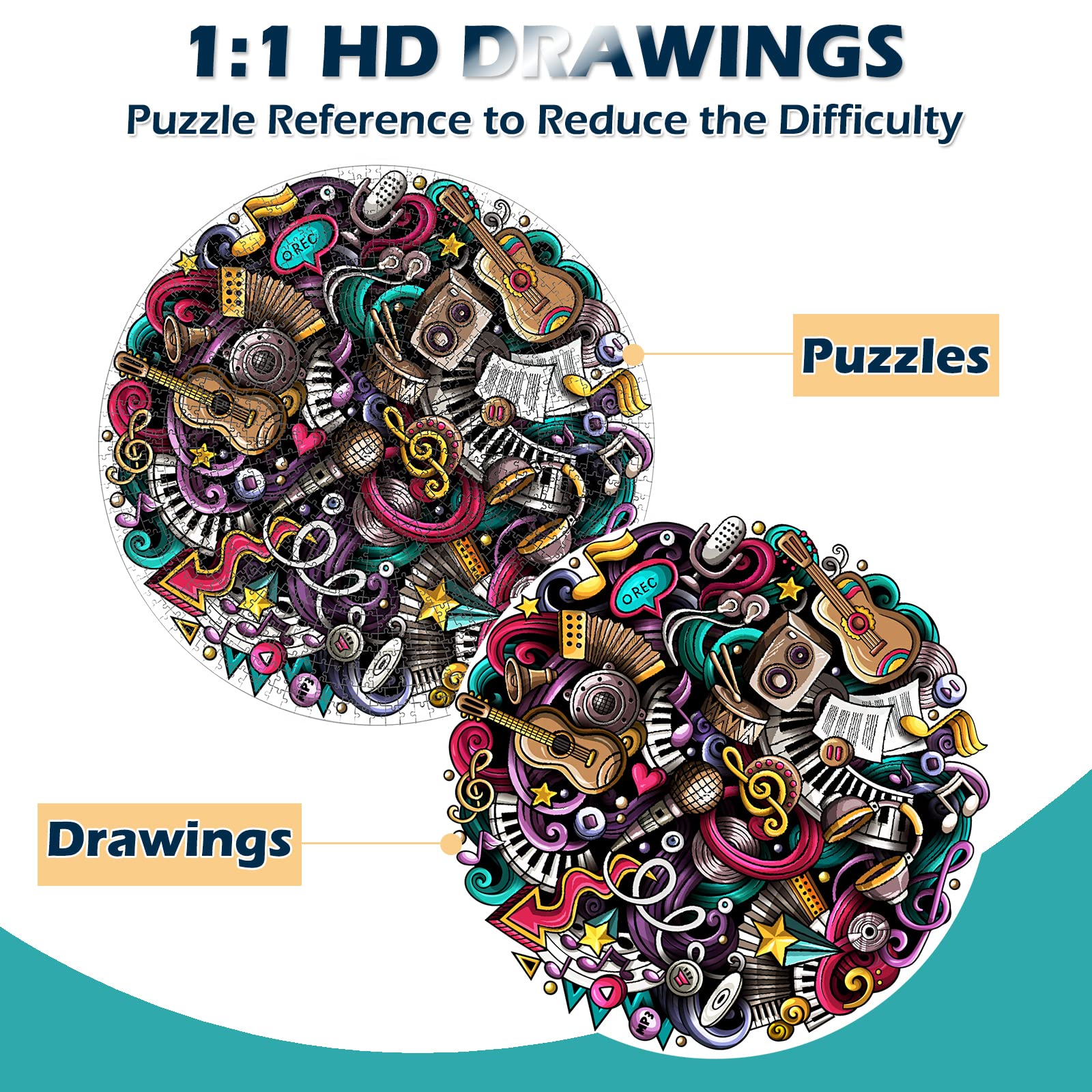 1000-Piece Graffiti Music Jigsaw Puzzle - Creative Geometric Round Colorful Puzzle for Adults & Kids - Challenging Round Jigsaw Puzzle Gift for Birthday, Party & Family Game Night