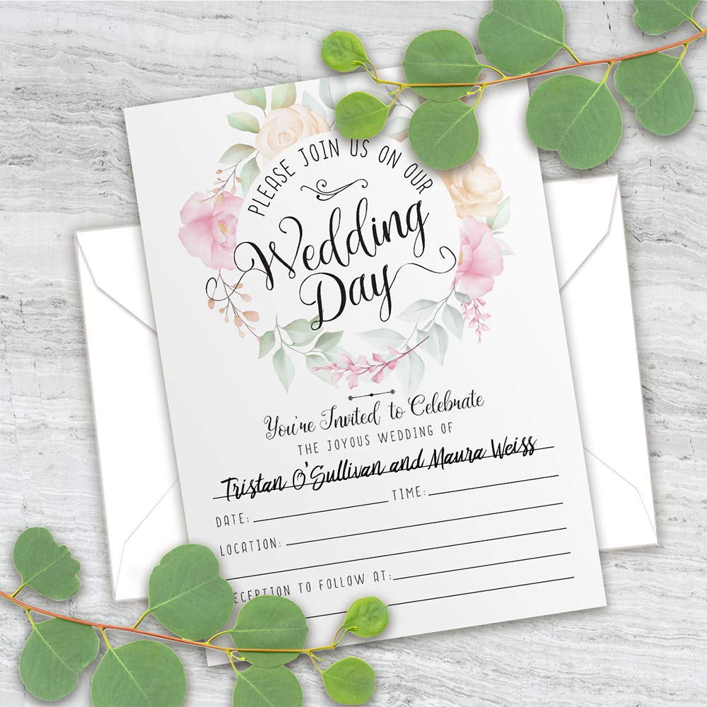 Elegant Pastel Rose Wreath Wedding Invitation Kit - 25 Blank Floral Invitations & Envelopes Set - Minimalist DIY Wedding Stationery for Bridal Shower, Engagement Party & Formal Wedding Events