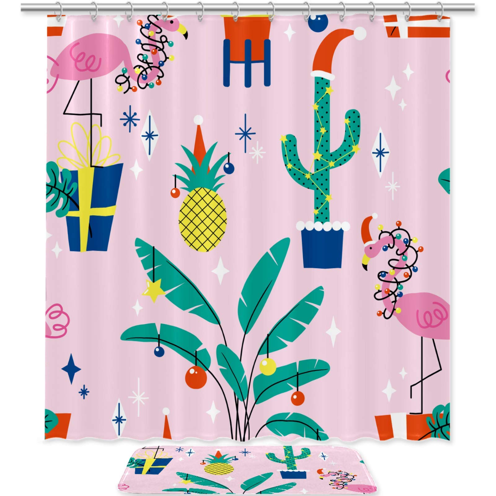 imobaby Waterproof Shower Curtain Set with Non-Slip Bath Mat - Tropical Flamingo Cactus Pineapple & Santa Hat Design for Bathroom Decor | Perfect for Holiday Gifts, Beach House, Kids' Bathroom & Christmas Decorations