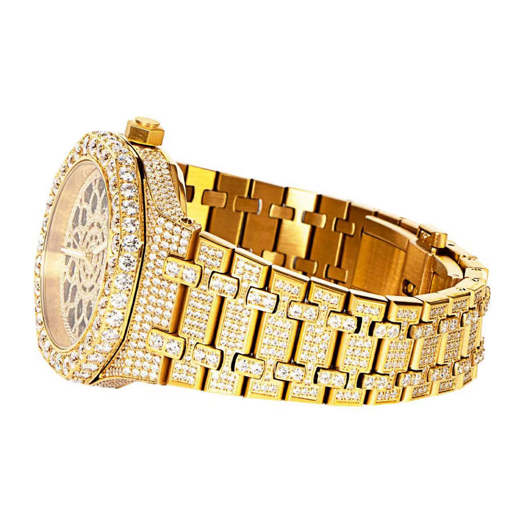 Luxury Yellow Tone Skeleton Dial Stainless Steel Moissanite Watch for Men - Perfect for Formal Events, Business Meetings & Special Occasions
