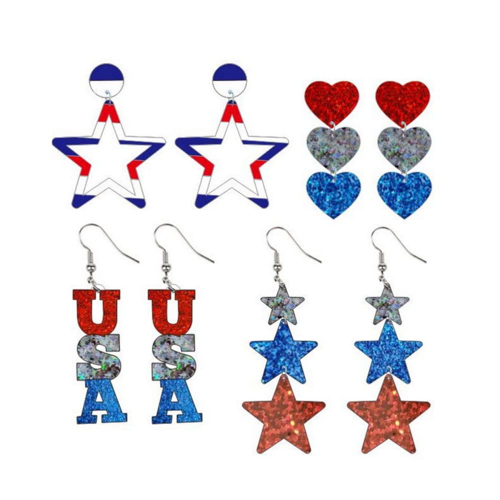 4Pcs Patriotic 4th of July American Flag Acrylic Earrings - USA Flag Star Dangle Drop Earrings with Heart Design - Lightweight Hook Earrings for Women & Girls - Perfect for Independence Day, Parties & Festive Occasions