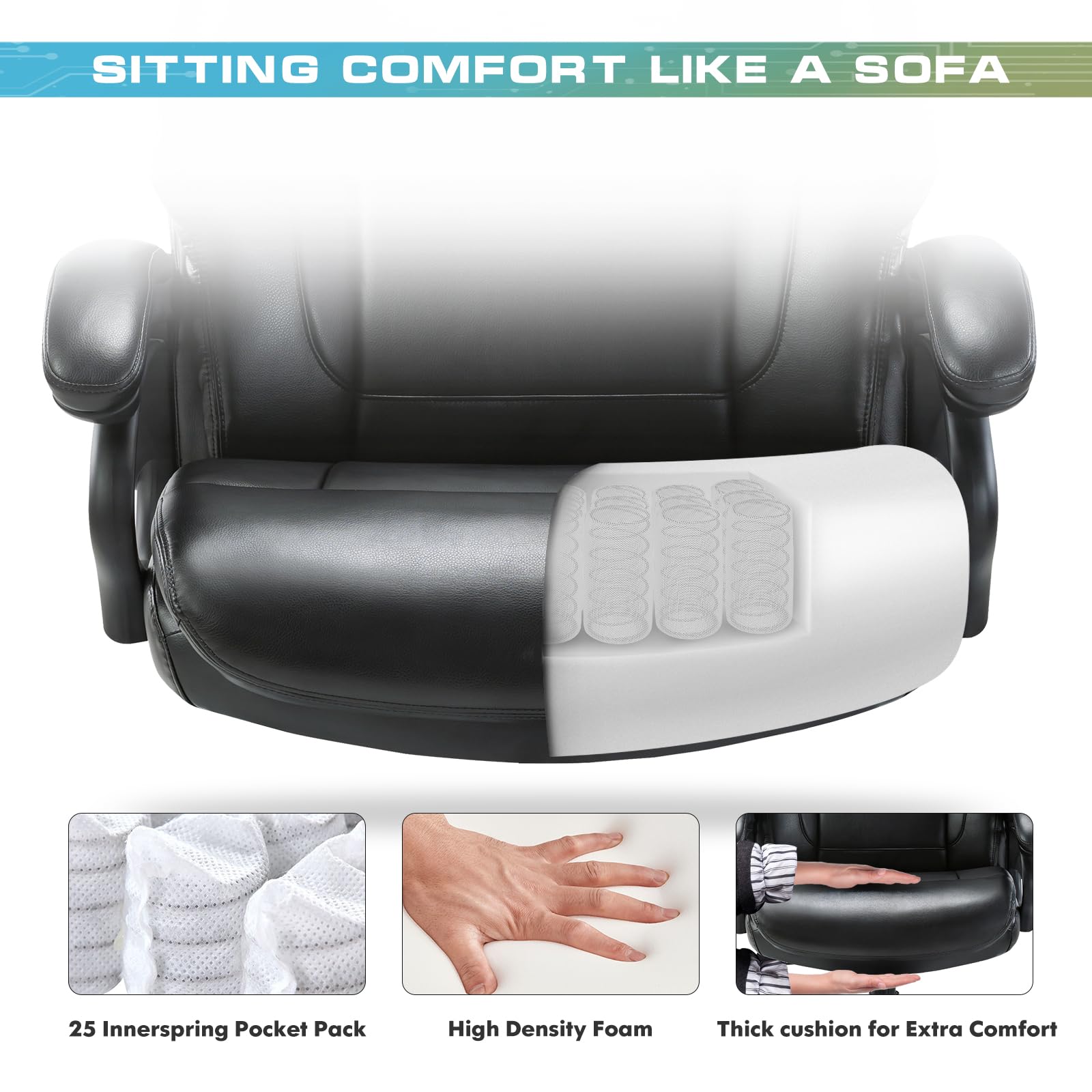 Heavy Duty Big and Tall Office Chair 400lbs - Extra Wide Seat Executive Desk Chair with High Back Ergonomic Support - Leather Computer Chair with Tilt Rock & Tension Control, Padded Armrests - Black - Perfect for Home Office, Gaming, and Long Work Sessions