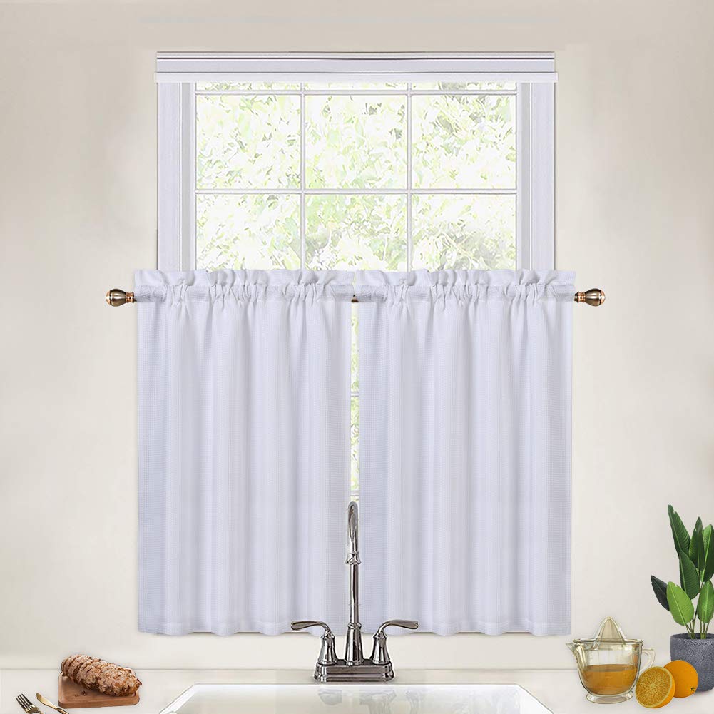 CAROMIO 36 Inch Waffle Woven Textured Cafe Curtains - Short Tier Kitchen Window Treatments for Bathroom & Cafe Decor, White - Perfect for Farmhouse Style Homes & Cozy Coffee Shops