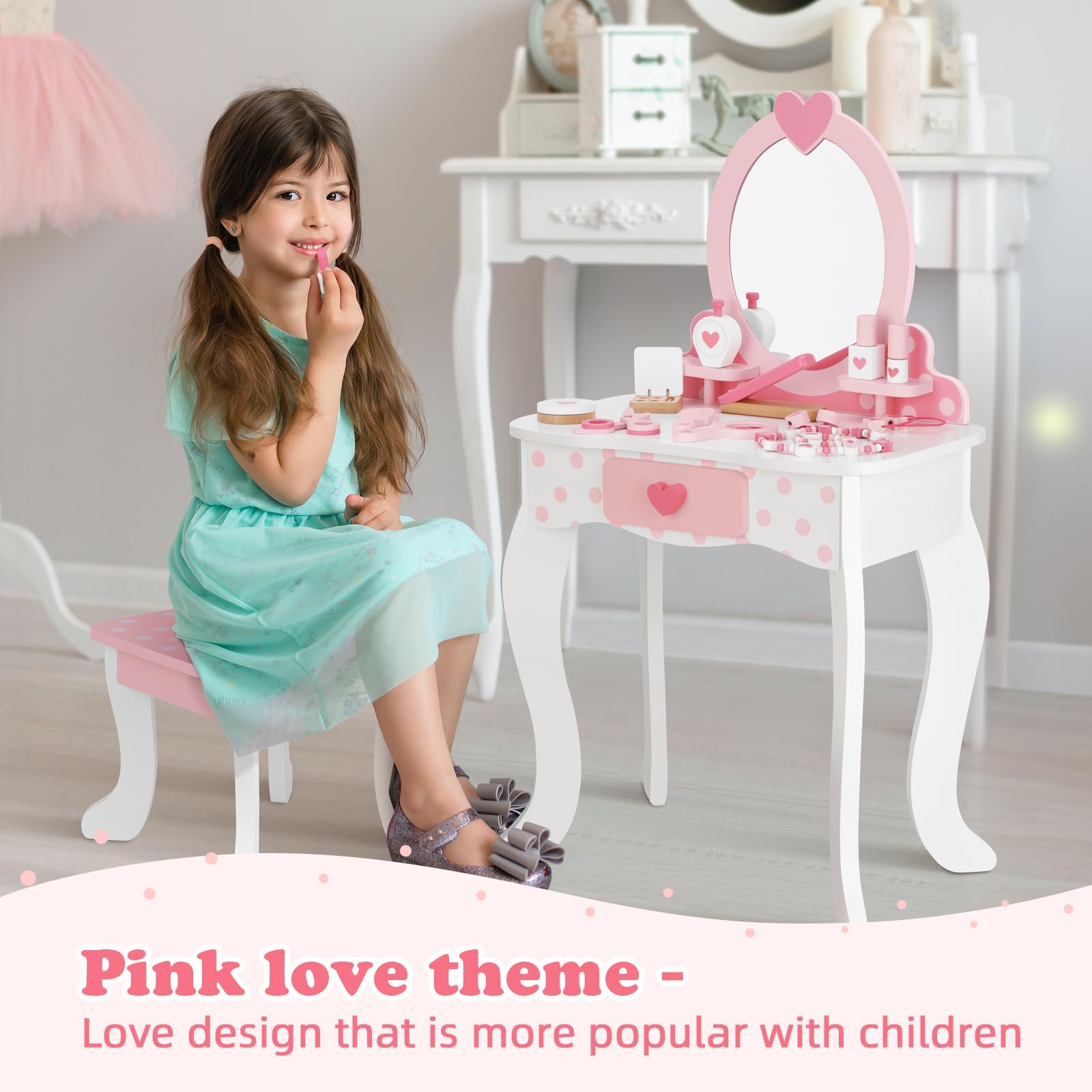 Pink Kids Vanity Set with Mirror & Storage Drawer - 15-Piece Makeup Dressing Table & Chair Set for Girls - Perfect for Pretend Play, Birthday Gifts & Bedroom Decor