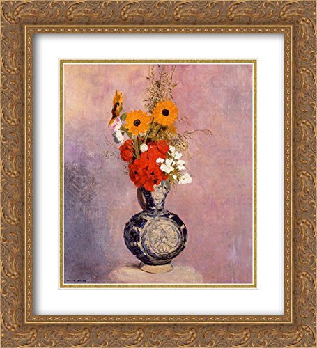 Odilon Redon Floral Art Print - 20x22 Inch Blue Vase Bouquet with Gold Ornate Frame & Double Matting | Wall Decor for Living Room, Bedroom & Office