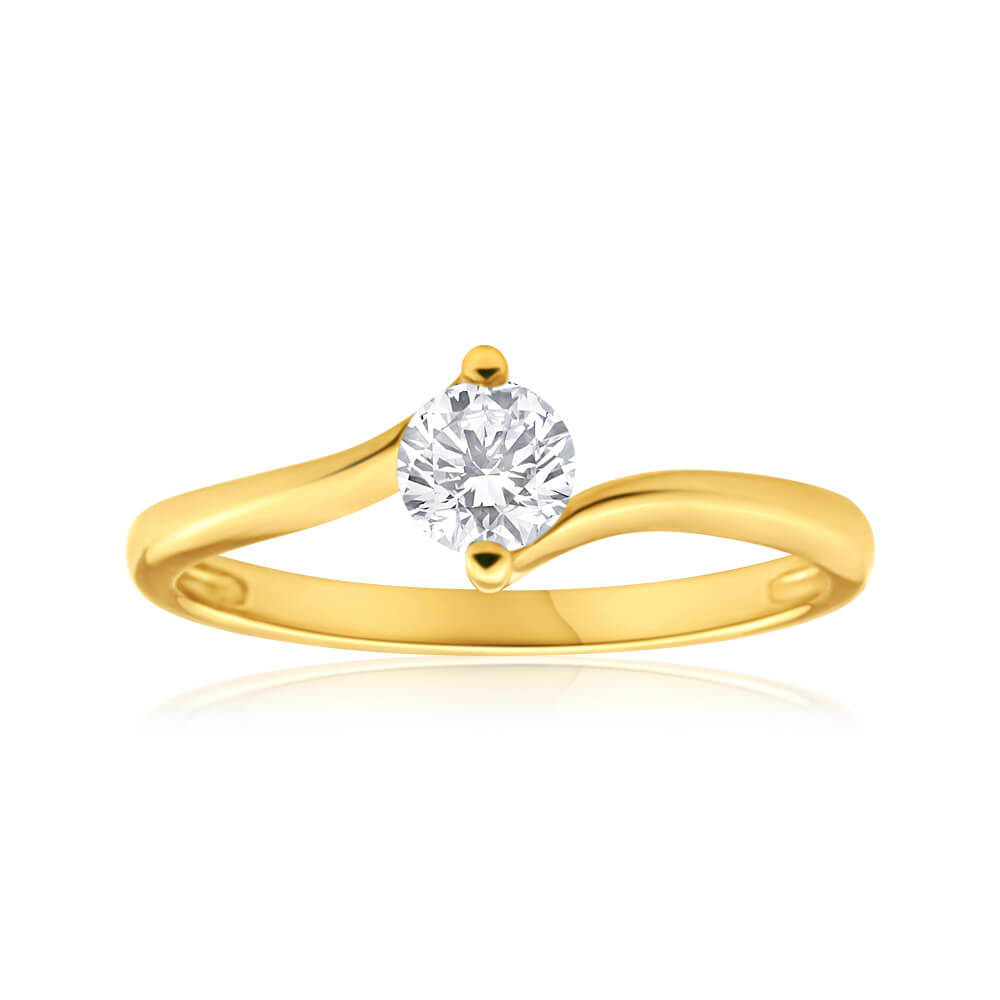 9ct Yellow Gold 4mm Cubic Zirconia Single Stone Swirl Ring for Women - Elegant Dainty Jewelry Gift for Anniversary, Birthday & Special Occasions