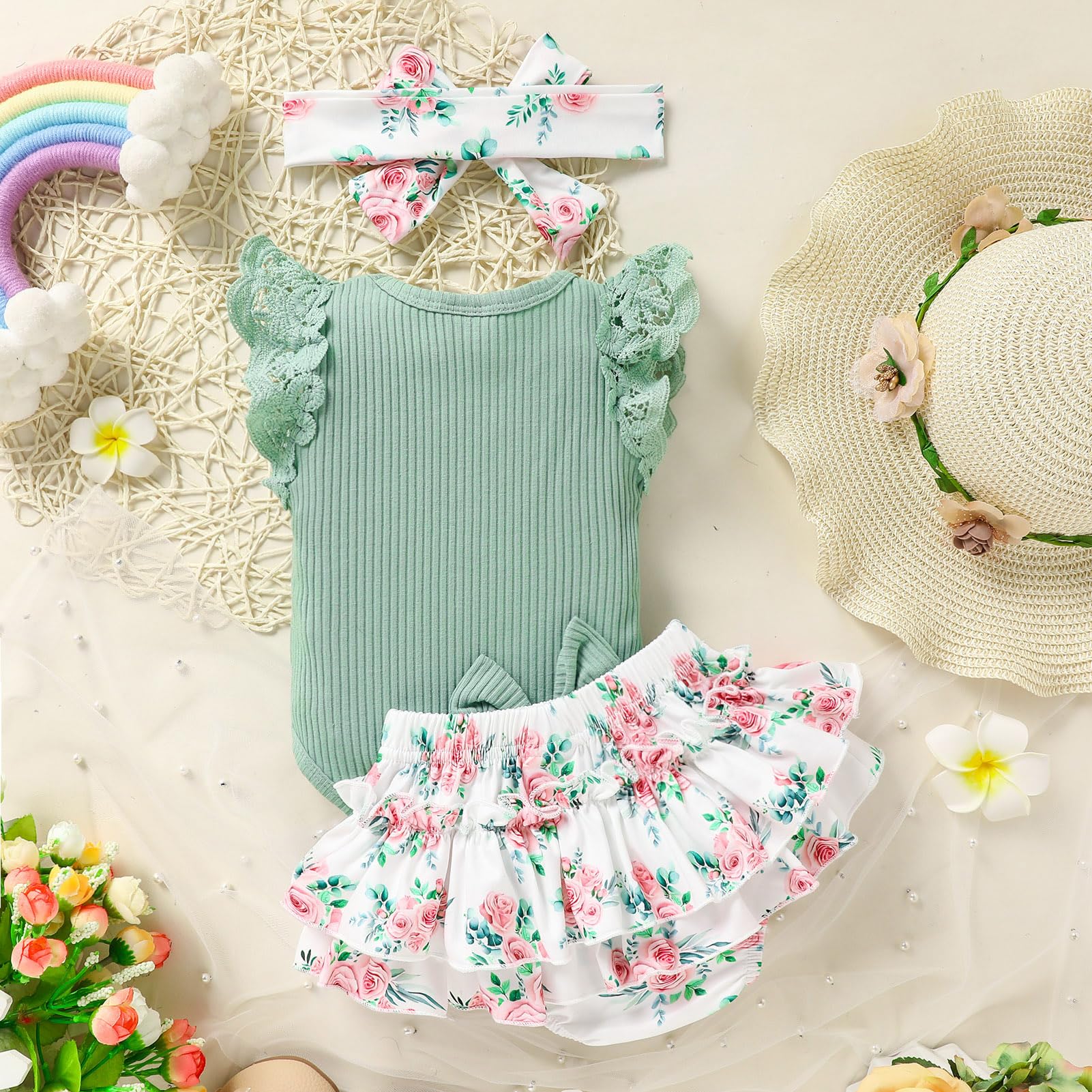 Newborn Baby Girl Clothes Set - Floral Ruffled Romper & Shorts Summer Outfit | Cute Infant Outfits for Girls | Perfect for Photoshoots, Parties & Playdates