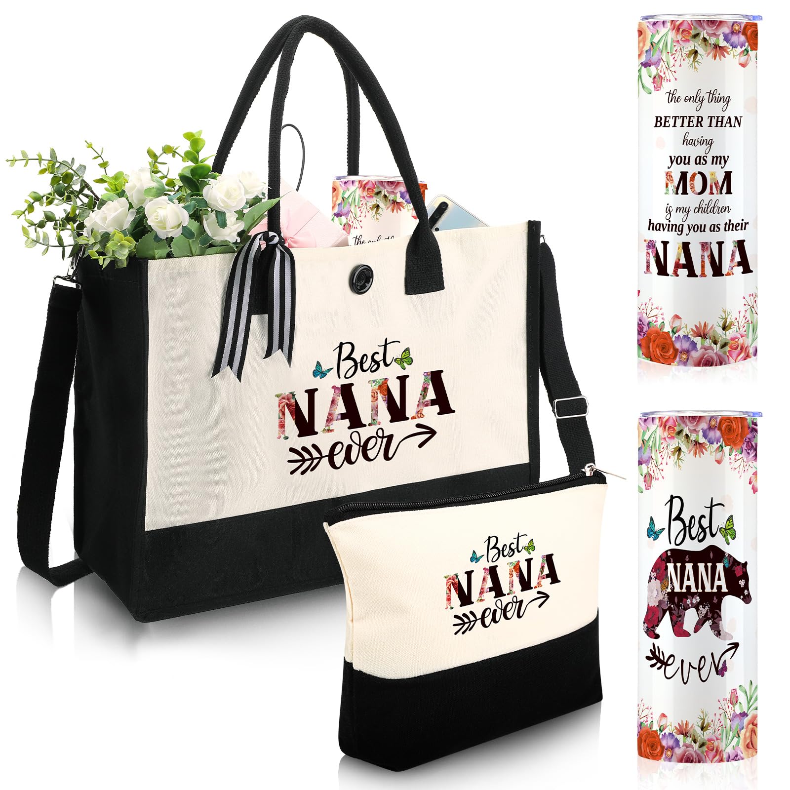 Silkfly 3-Piece Best Nana Ever Gift Set - Stainless Steel Tumbler & Canvas Tote Bag for Women | Perfect Mother's Day, Birthday Gifts for Mom, Grandma, Friend, Family & Coworkers | Great for Coffee Dates, Shopping Trips & Office Use