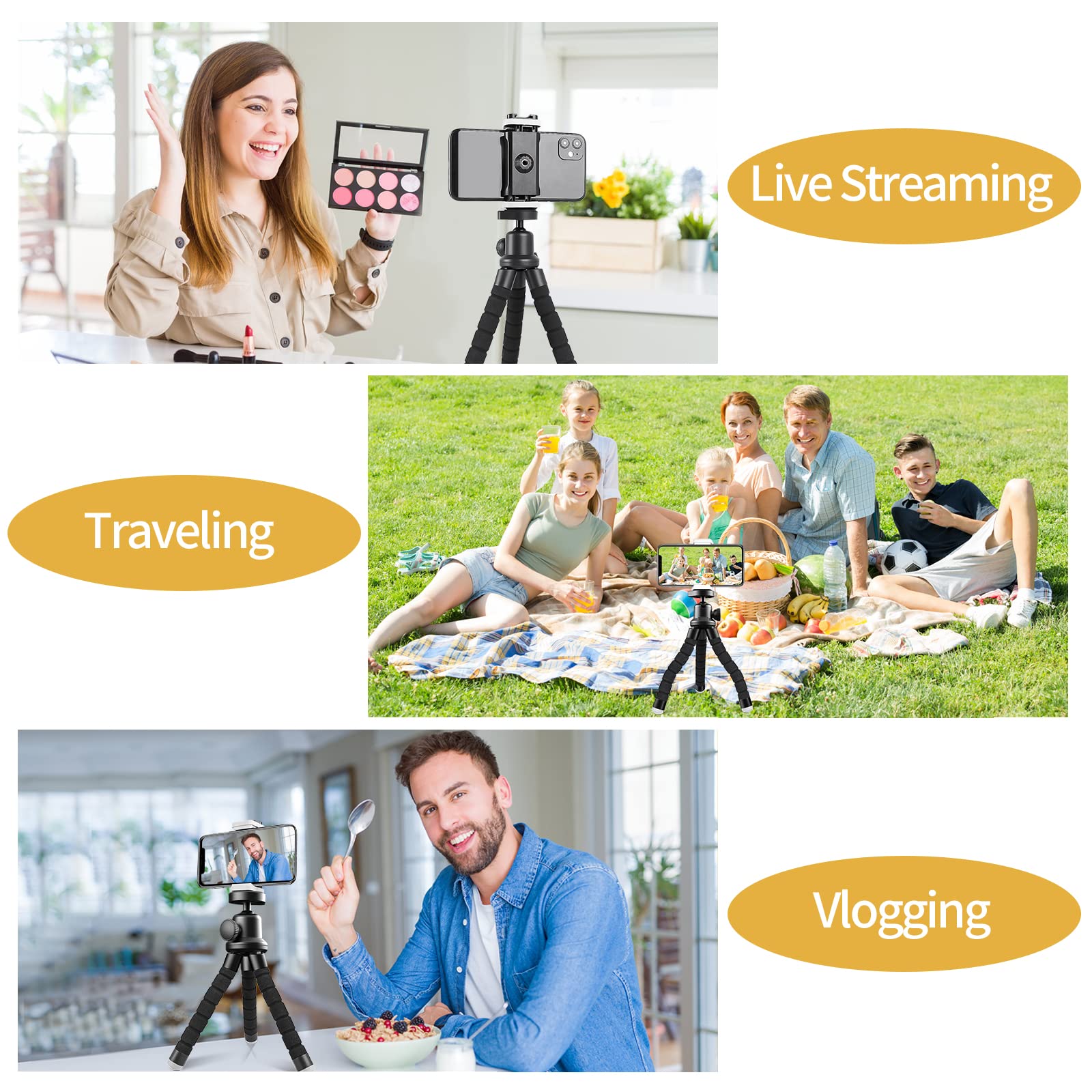 Flexible Phone Tripod Stand with Wireless Remote & Universal Phone Holder - Portable Mini Travel Tripod for iPhone, Android, Cameras - Perfect for Vlogging, Selfies, Live Streaming & Outdoor Photography
