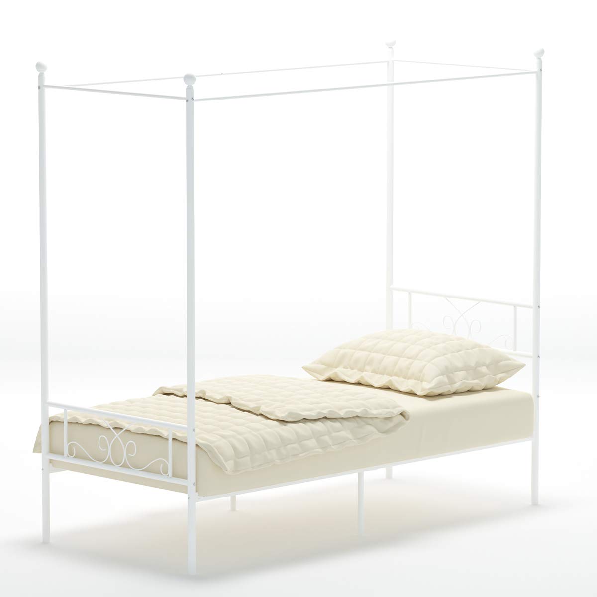 Weehom Twin Canopy Bed Frame with Headboard and Footboard - 4 Poster Metal Bed Frame for Kids & Adults - No Box Spring Needed - Sturdy Mattress Foundation Platform Bed in White - Perfect for Bedrooms, Guest Rooms & Dorm Decor