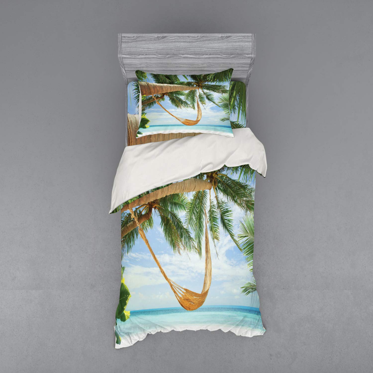 Ambesonne Beach Duvet Cover Set - Tropical Hammock & Palm Tree Ocean View Print, 3-Piece Bedding Set with Pillow Sham & Fitted Sheet, Twin XL Size, Green Cream Blue - Perfect for Coastal & Tropical Bedroom Decor, Vacation Home, or Beach House Retreat