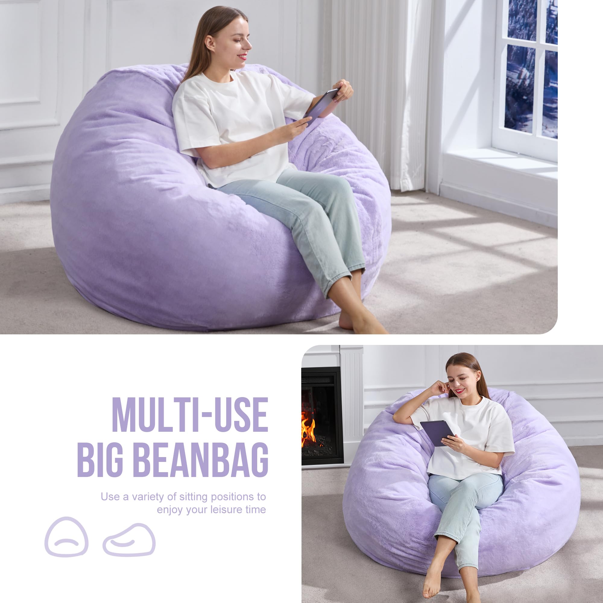 Hobestluk 4ft Large Bean Bag Chair for Adults - Plush Faux Fur Cover, Oversized Lounger for Living Room, Bedroom, Dorm & Office - Purple (44”x44”x24”) - Perfect for Relaxing, Gaming & Movie Nights