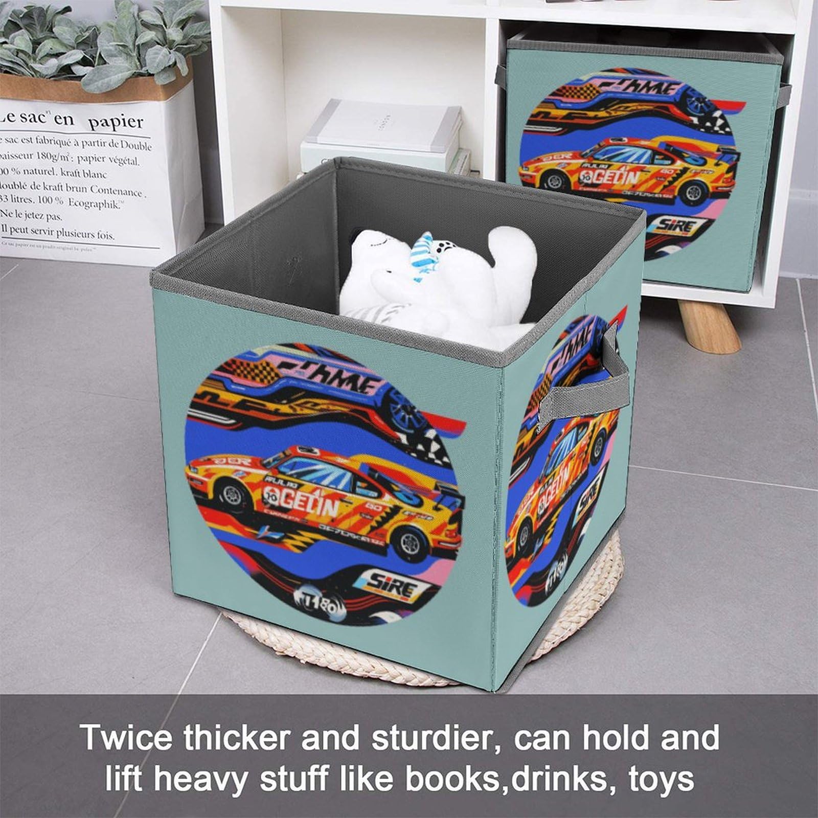 Collapsible Storage Bins with Handles - Printed Speed Racing Design for Extreme Sports Gear Organization | Perfect for Garage, Closet & Sports Equipment Storage
