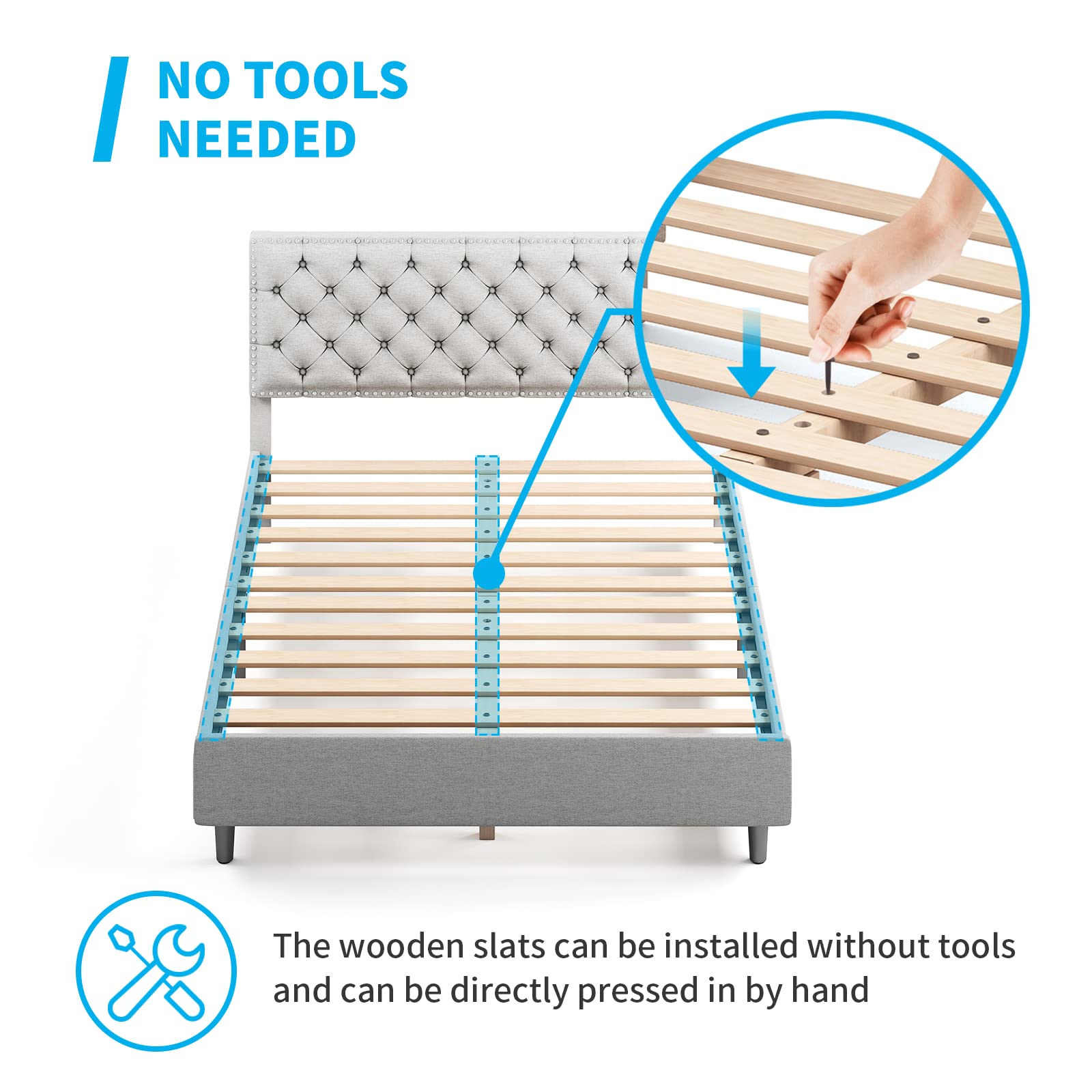 MJkone King Size Bed Frame with Adjustable Headboard - Upholstered Platform Bed with Wooden Slats, No Box Spring Required, Tufted Mattress Foundation for Bedroom (Light Grey) - Perfect for Master Bedrooms, Guest Rooms & Modern Home Decor
