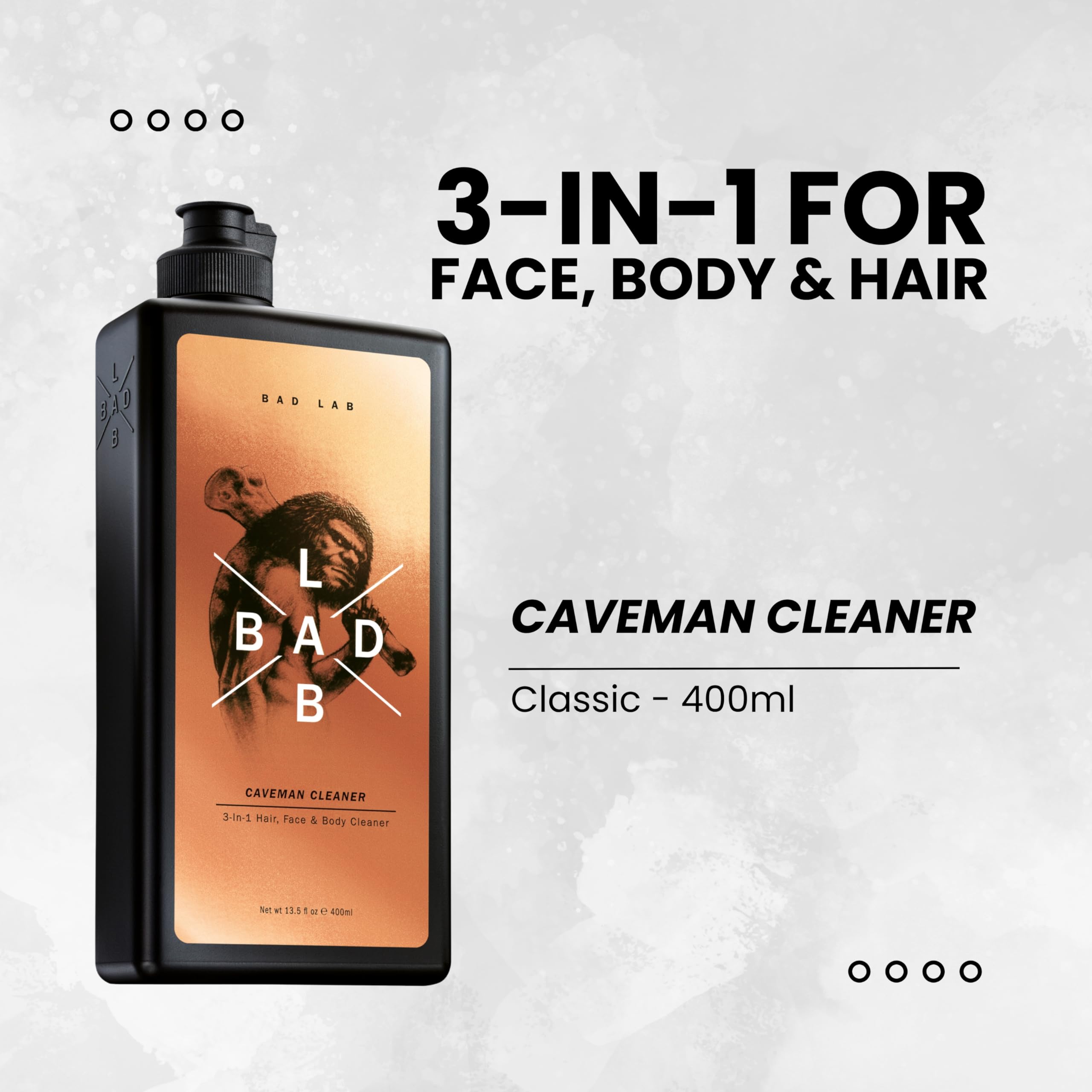 Bad Lab 3-in-1 Caveman Cleaner for Men - Face, Body & Hair Wash with Fluidipure™ 8G | Odor & Dandruff Control Shower Gel | Menthol-Infused Cleanser for Irritated Scalp | 400ml | Perfect for Gym, Travel & Daily Shower Routine