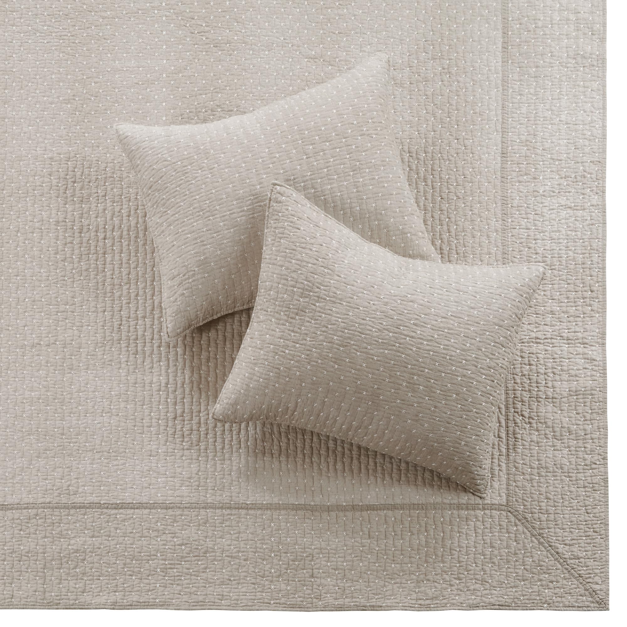 Levtex Home King Size Taupe Cross Stitch Quilted Bedspread Set with 2 Shams - 120x104 Inch Bedspread & 20x36 Inch Shams - Soft Cotton Bedding for Cozy Bedroom Decor - Perfect for Master Bedrooms, Guest Rooms & Farmhouse Style Homes