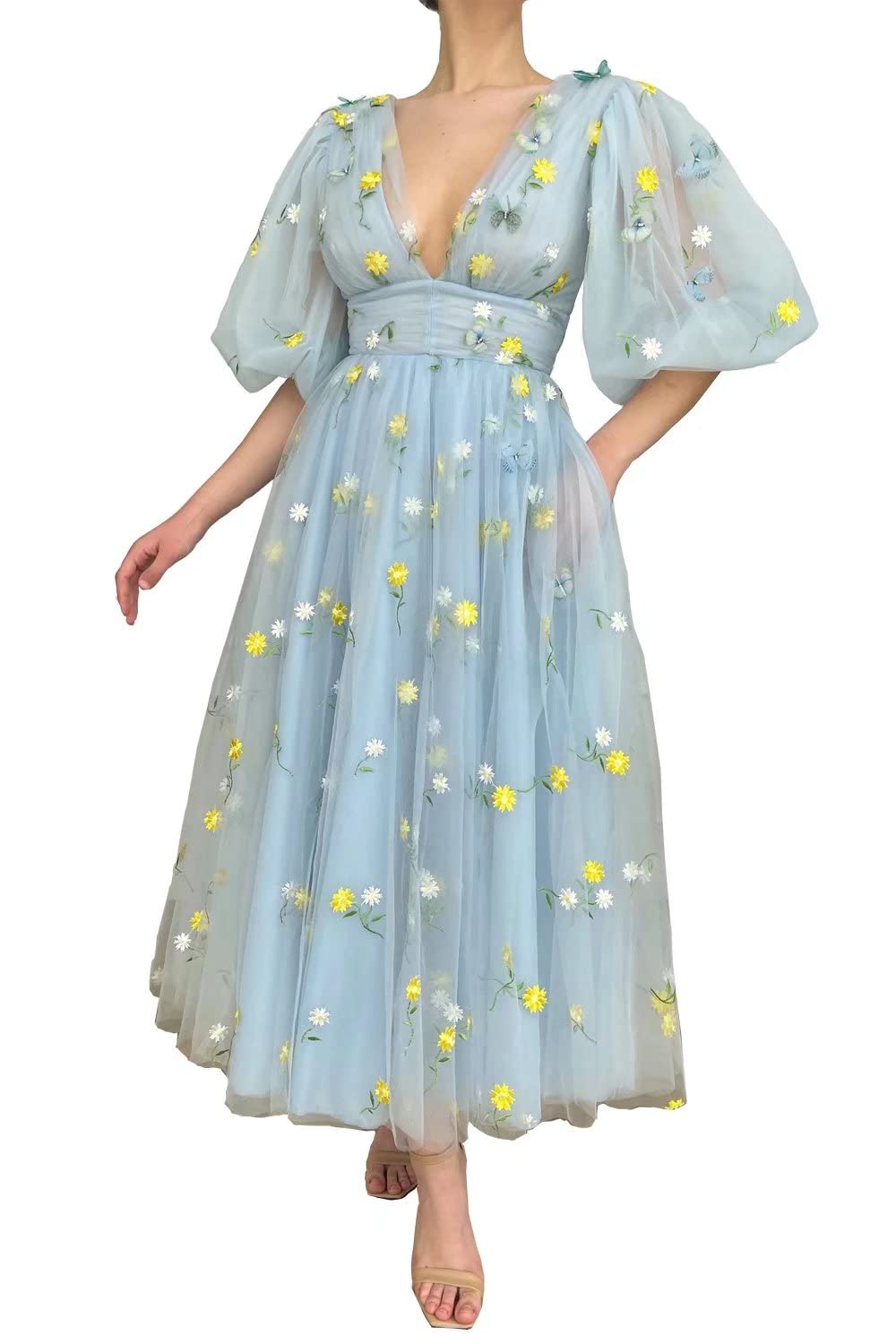 Xijun Women's Puffy Sleeve Prom Dress with Embroidery & Tulle - V-Neck Tea-Length Formal Evening Gown with Pockets for Homecoming, Wedding Guest & Special Occasions