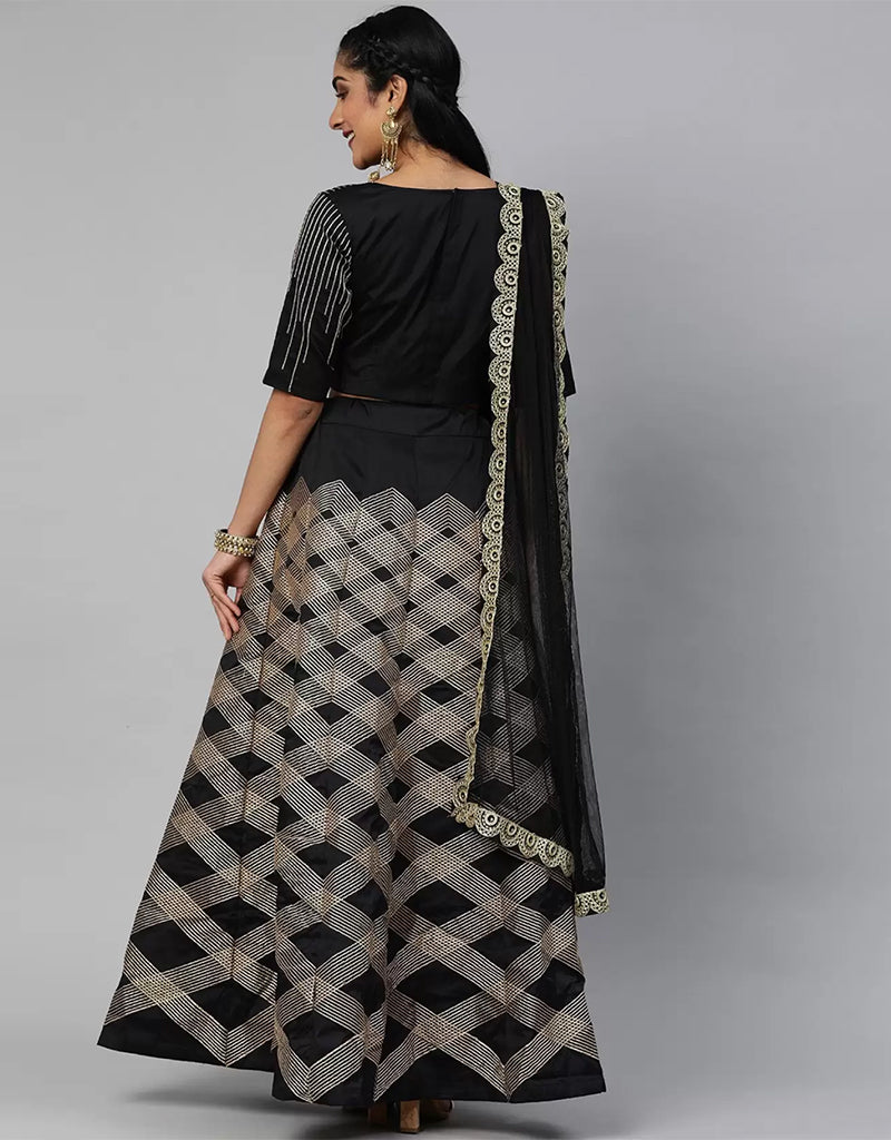 Elegant Black Satin Lehenga Choli for Women - Traditional Indian Bridal Wear for Weddings & Festivals