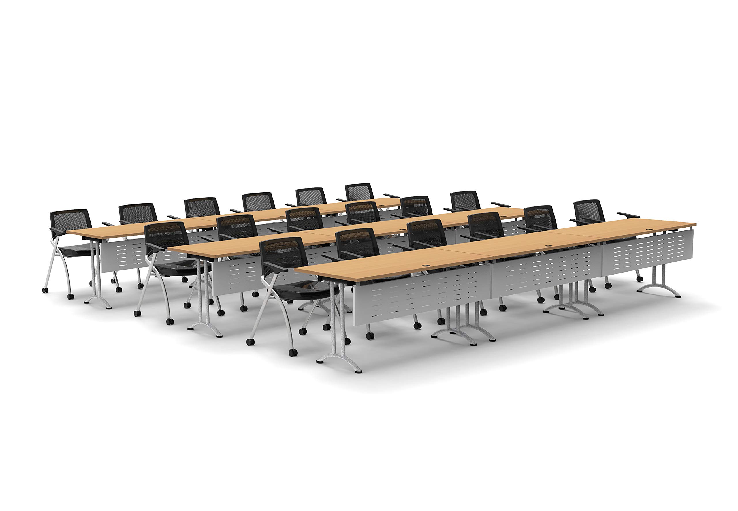 18-Person Folding Conference Table Set with 36 Task Chairs & Modesty Panels - Beech Color, Connectable Tables for Training, Meetings & Seminars - Space-Saving Foldable & Nestable Design for Classrooms & Event Spaces