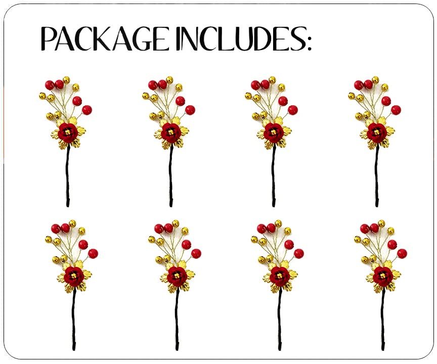 Elegant Red Artificial Flower Hair Pin with Beads for Women & Girls - Bridal Hair Accessories, Juda Pin, Pack of 8 - Perfect for Weddings, Parties & Special Occasions