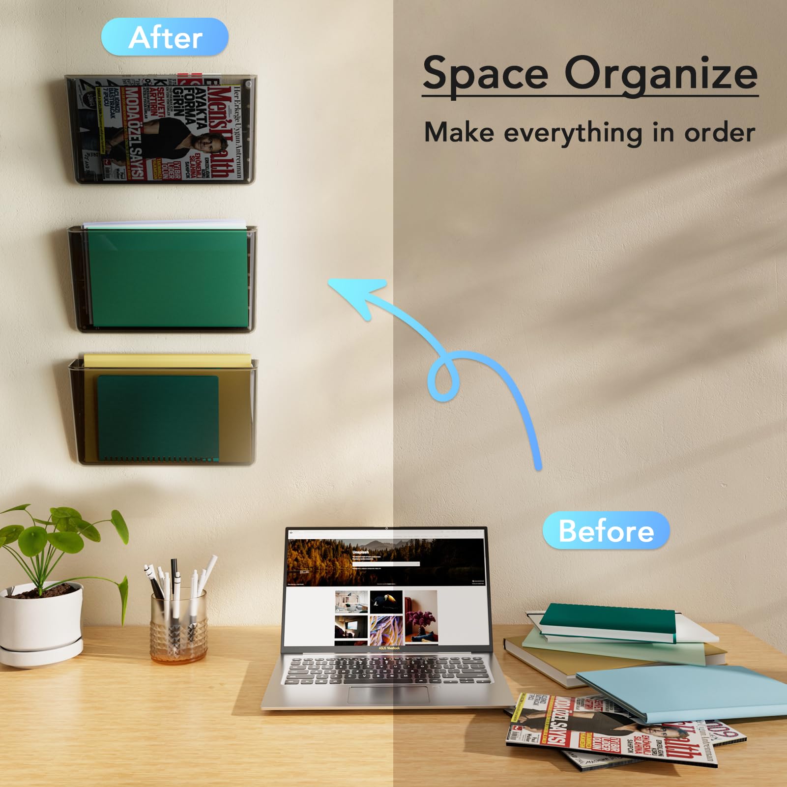 MaxGear Acrylic Wall File Organizer - 6 Pocket Hanging File Holder, Clear Wall Mounted Mail Organizer for School, Office & Home - Smoke Color (13x4x7 inches) - Perfect for Bills, Letters, Magazines & Office Documents Organization