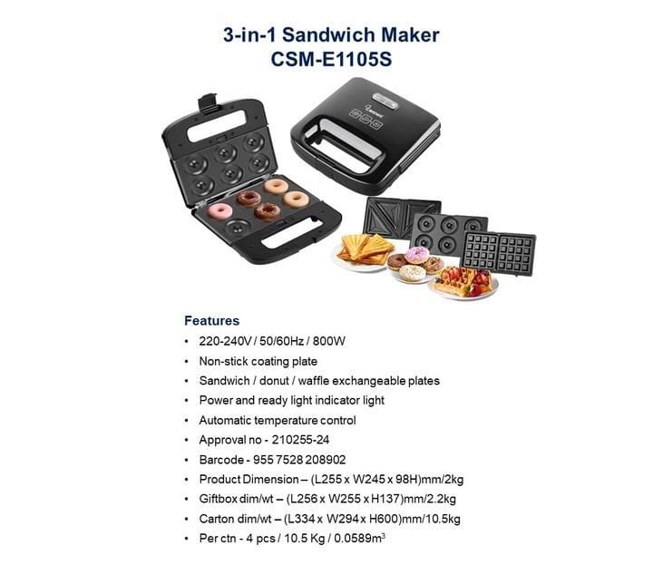 Cornell 3-in-1 Sandwich Maker & Toaster - CSME1105S - Perfect for Breakfast, Lunch & Snacks at Home, Office or Dorm