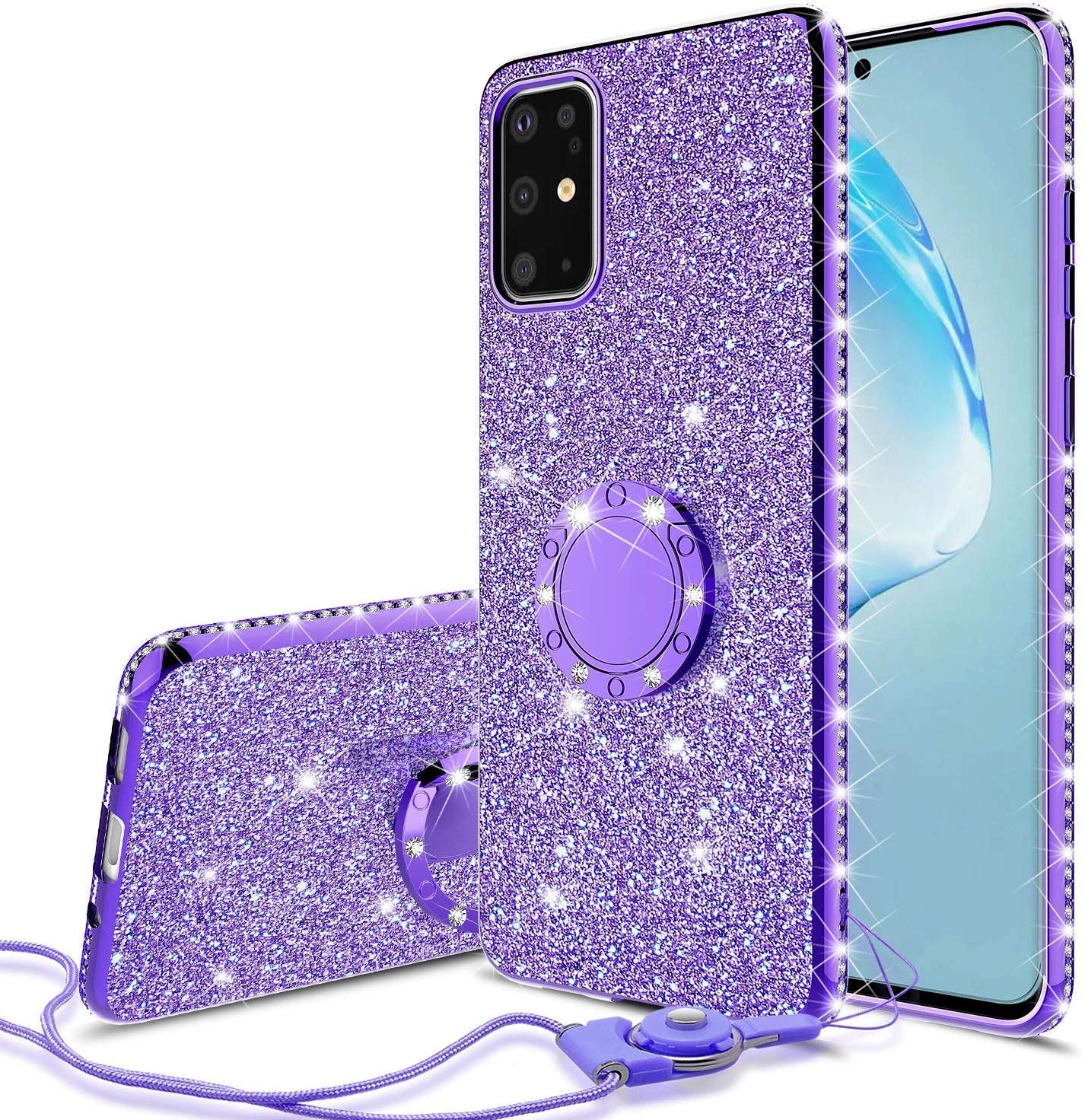 Samsung Galaxy S20 Ultra Case - SOGA Glitter Diamond Rhinestone TPU Phone Cover with Ring Stand & Lanyard for Women (Purple) | Protective Shockproof Case for Everyday Use, Work & Travel