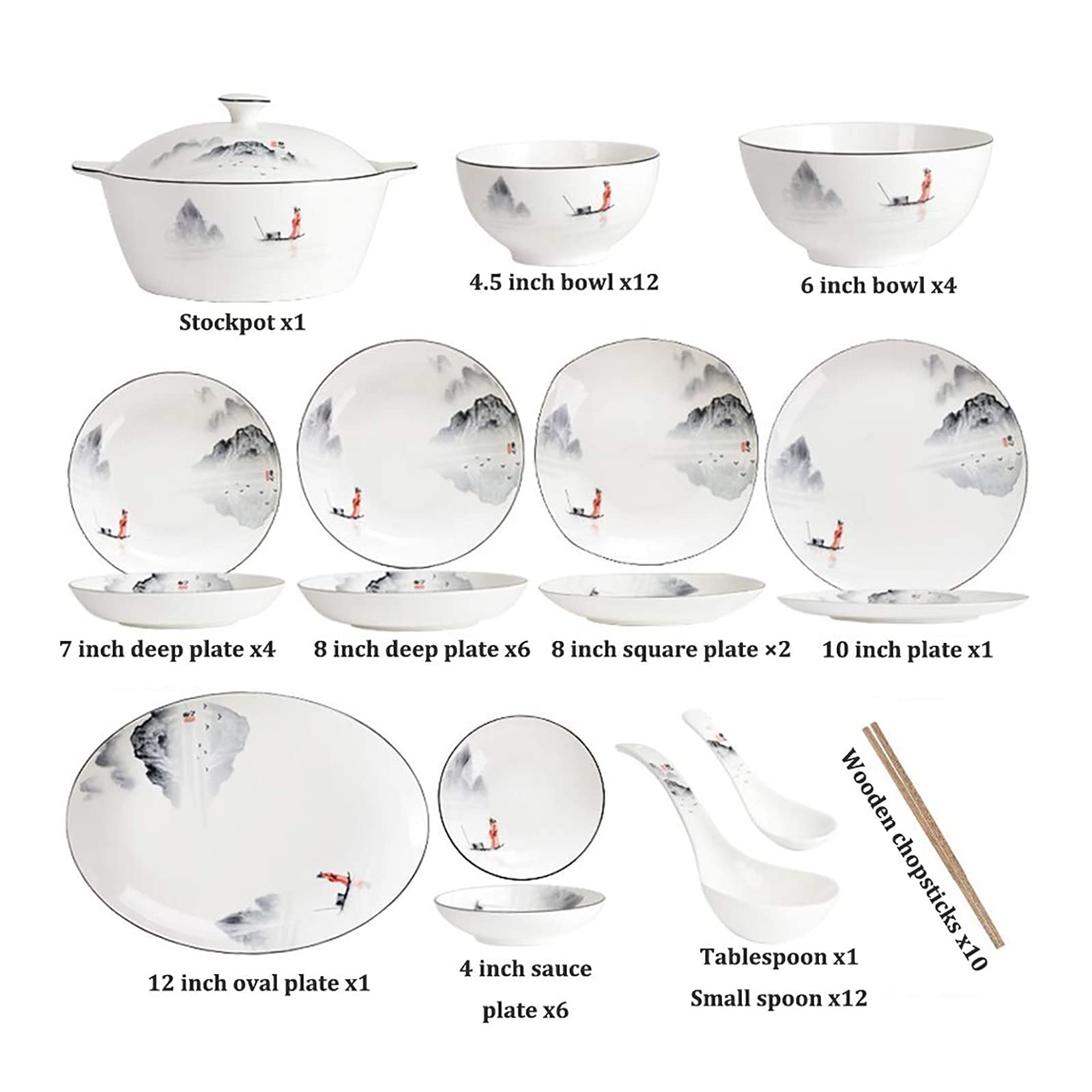 60-Piece Chinese Style Porcelain Dinnerware Set - Antique Ink Painting Design Plates, Bowls, Spoons & Soup Pot - Service for 12 - Elegant Tableware for Family Gatherings, Dinner Parties & Holiday Entertaining