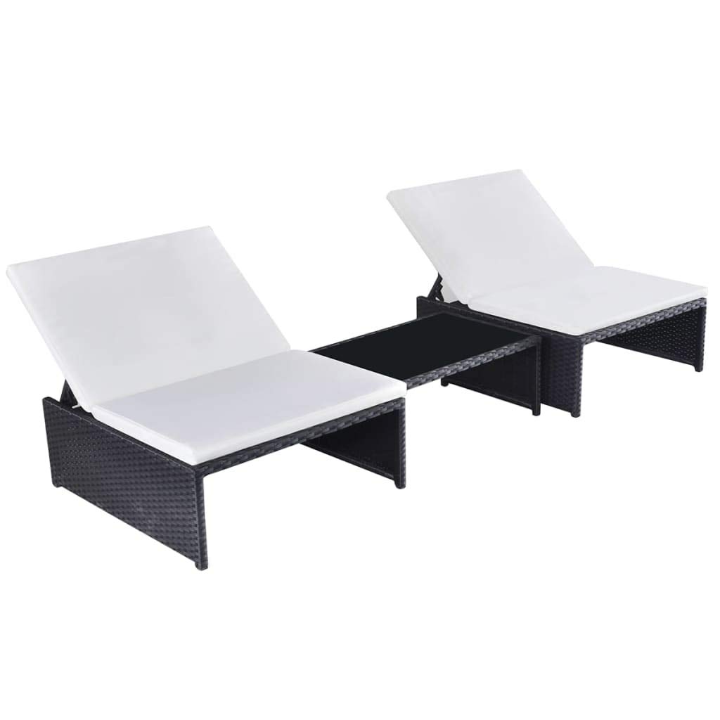 Outdoor Chaise Lounge Set of 2 - Black Poly Rattan Sun Loungers with Side Table for Poolside, Beach, Garden, Balcony, Patio & Backyard Relaxation | Weather-Resistant & Comfortable Design