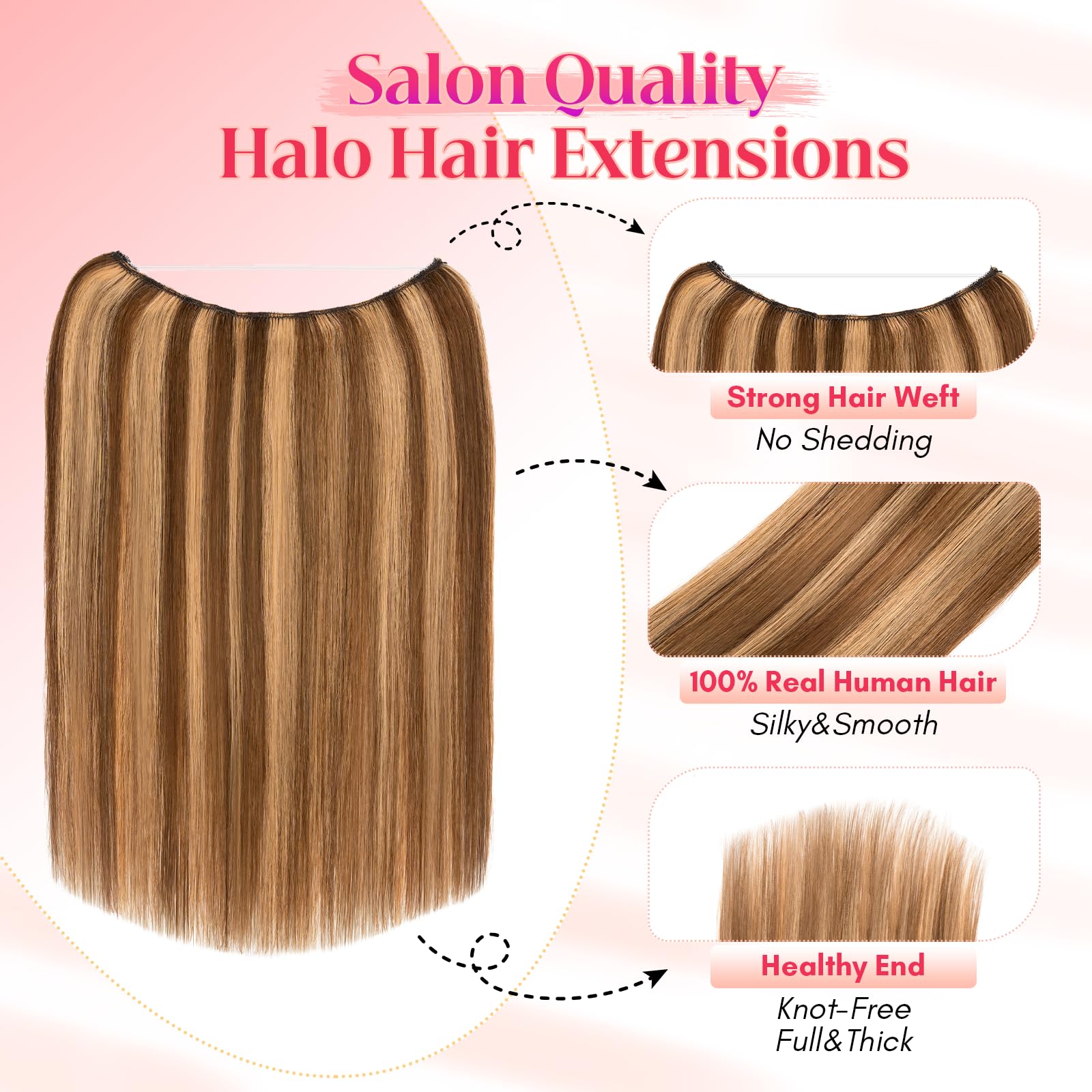 Rich Choices 20 Inch Halo Hair Extensions - 100% Real Human Remy Hair, Invisible Wire, Medium Brown with Dark Blonde Highlights for Women | Perfect for Weddings, Parties & Daily Styling