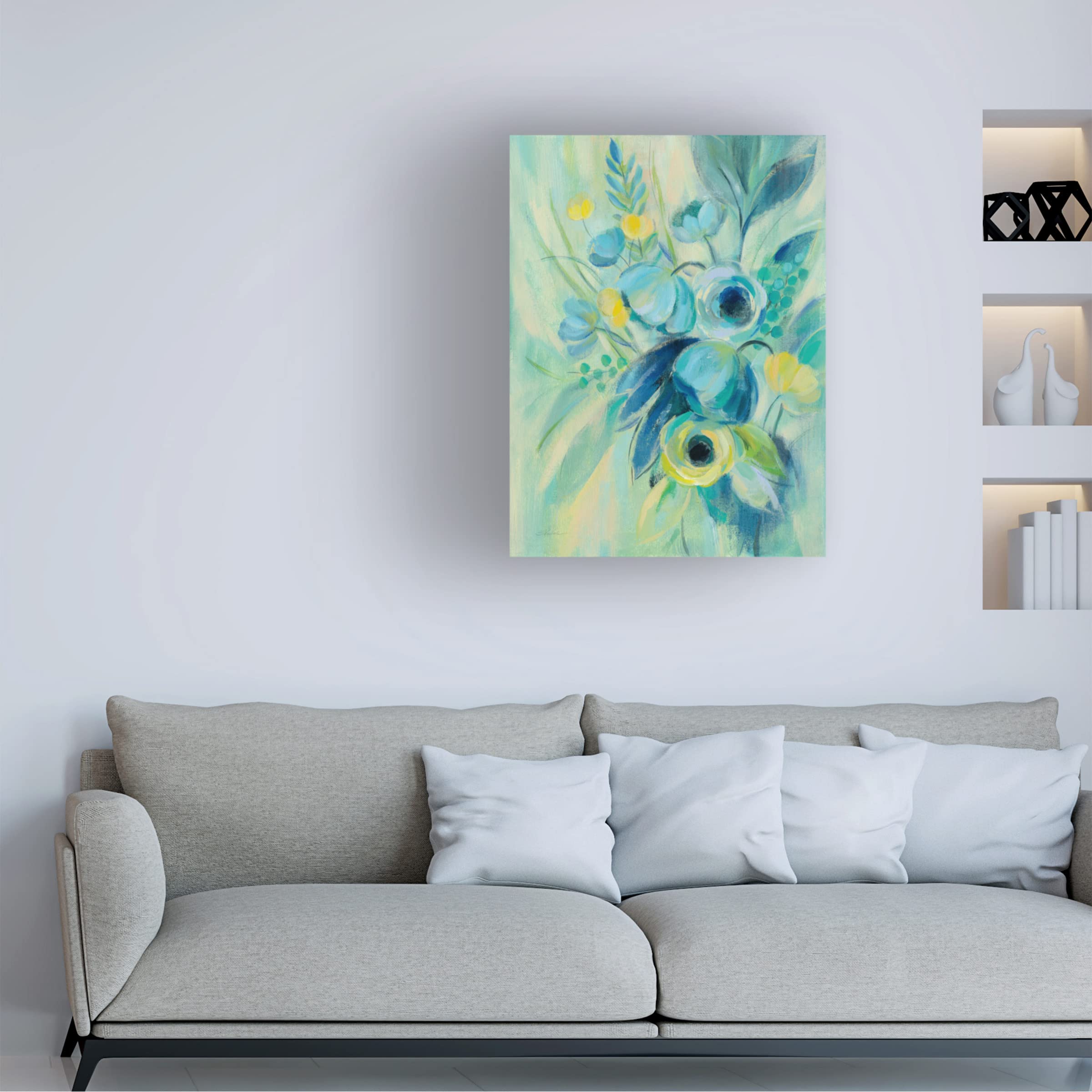 Silvia Vassileva 'Elegant Blue Floral II' Canvas Wall Art Print - Modern Home Decor for Living Room, Bedroom & Office - Handmade Floral Painting for Interior Design