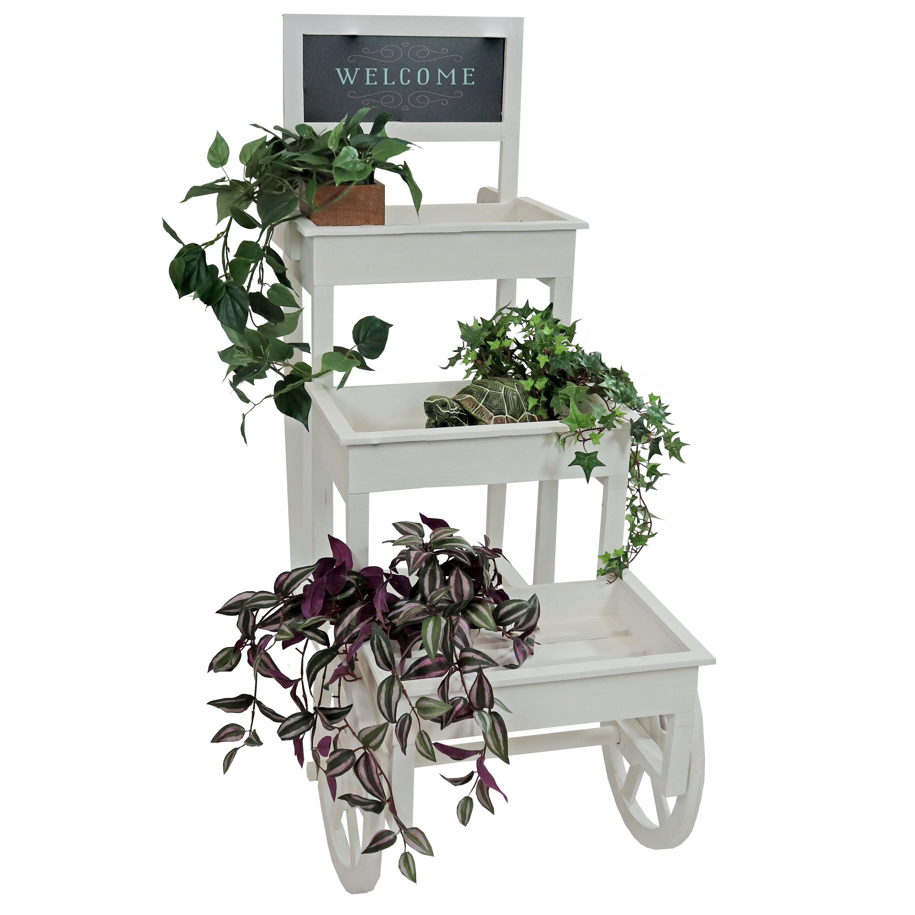 3-Tier Rolling Flower Cart Stand with Wheels - White Metal Garden Plant Display Rack for Indoor & Outdoor Decor, Patio, Balcony, and Backyard
