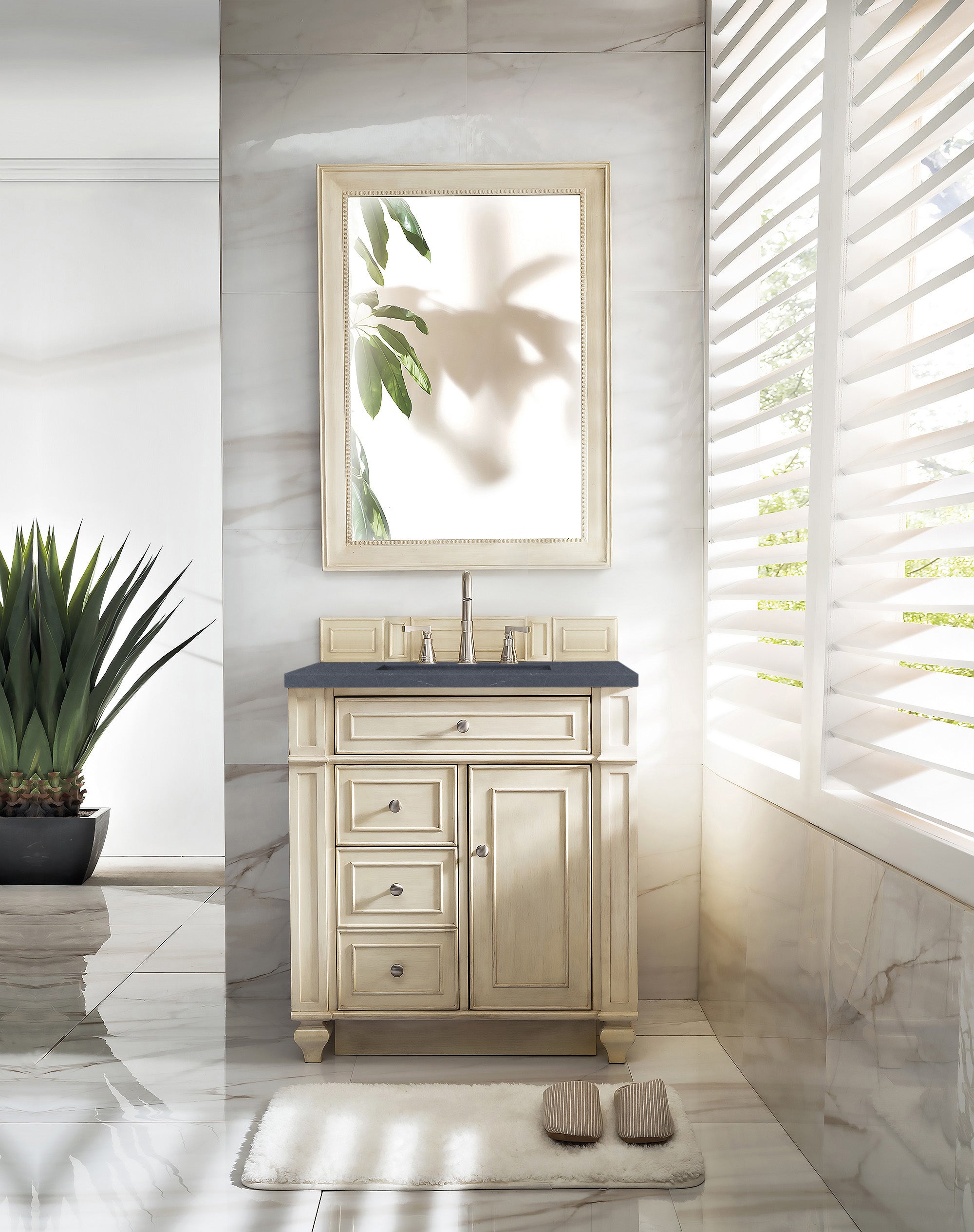 Bristol 30-Inch Single Bathroom Vanity Set with Vintage Vanilla Finish & 3CM Charcoal Soapstone Quartz Countertop - Perfect for Small Bathrooms, Powder Rooms & Modern Home Renovations
