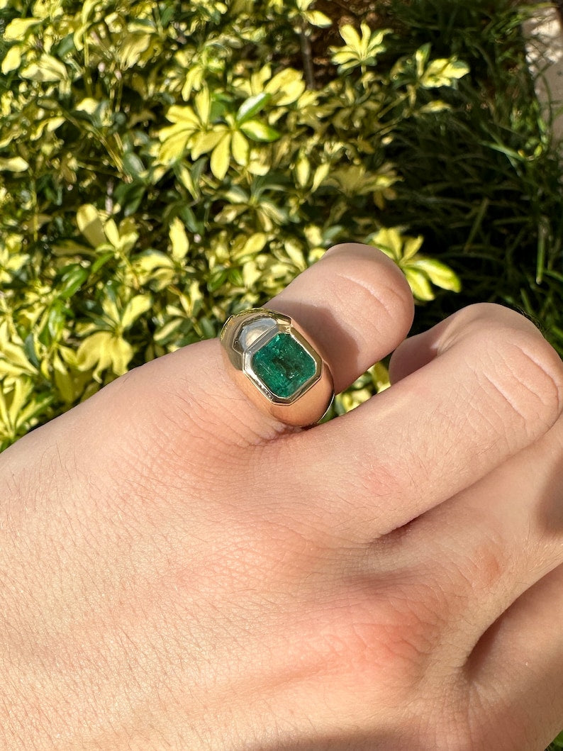 3.29ct 14K Gold Asscher Cut Emerald Solitaire Men's Signet Ring - Elegant Wedding Band, Anniversary Gift & Luxury Statement Jewelry for Formal Occasions