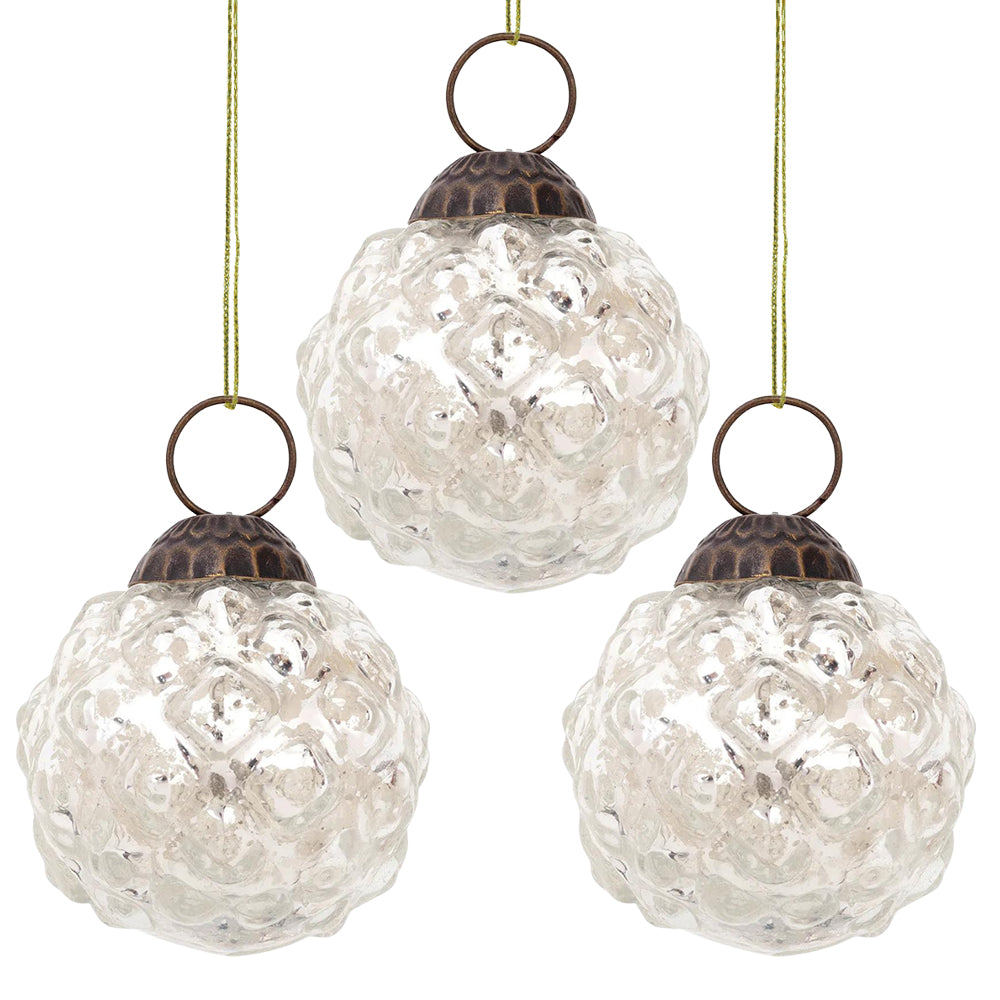 3 Pack Silver Bonnie Mercury Glass Hobnail Ball Ornaments - Elegant Christmas Tree Decorations for Holiday Home Decor, Party & Gift Giving