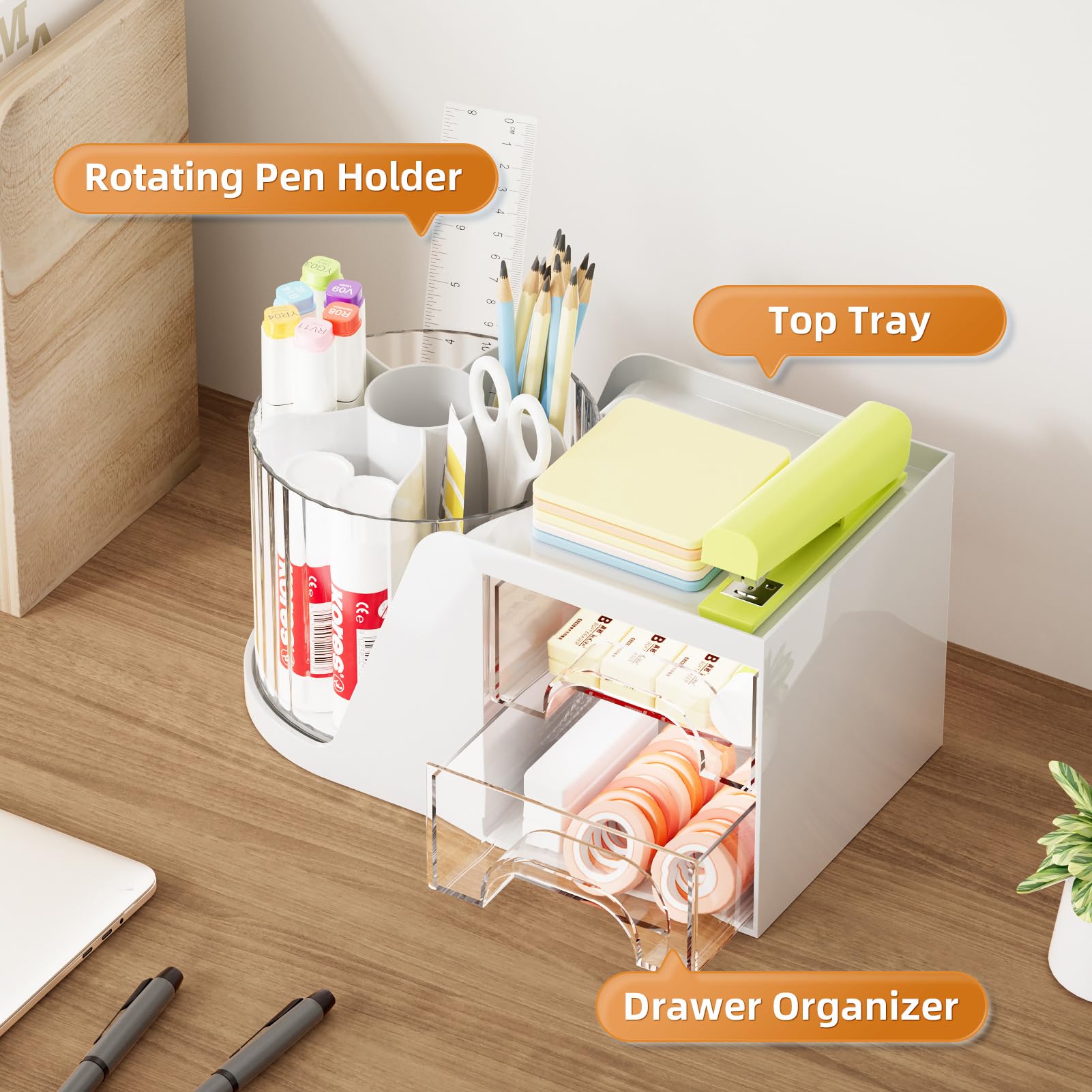 360° Rotating Desk Organizer with 6 Pen Slots & 2 Drawers - White Office Storage Caddy for Pens, Art Supplies & Stationery | Perfect for Home Office, School & Workspace Organization
