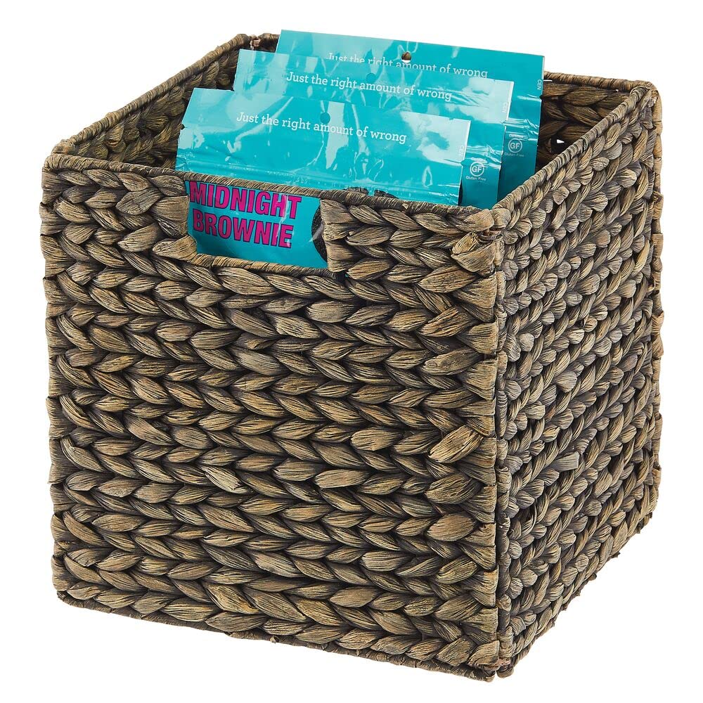 mDesign Natural Woven Hyacinth Cube Storage Basket with Handles - 4 Pack Black Wash Organizer for Kitchen, Pantry & Cubby Units | Perfect for Snacks, Small Appliances & Home Organization | Space-Saving Cabinet & Shelf Storage Solution