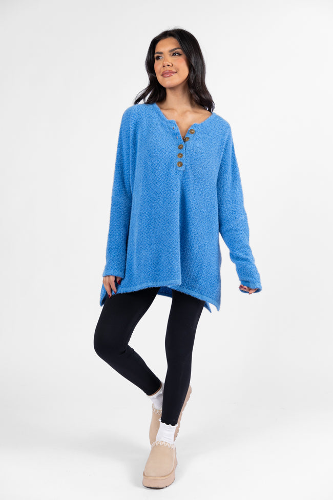 Thinking Of You Blue Fuzzy Henley Blouse for Women | Soft & Cozy Pullover Shirt | Casual Winter Wear | Perfect for Date Nights & Holiday Gatherings | FINAL SALE