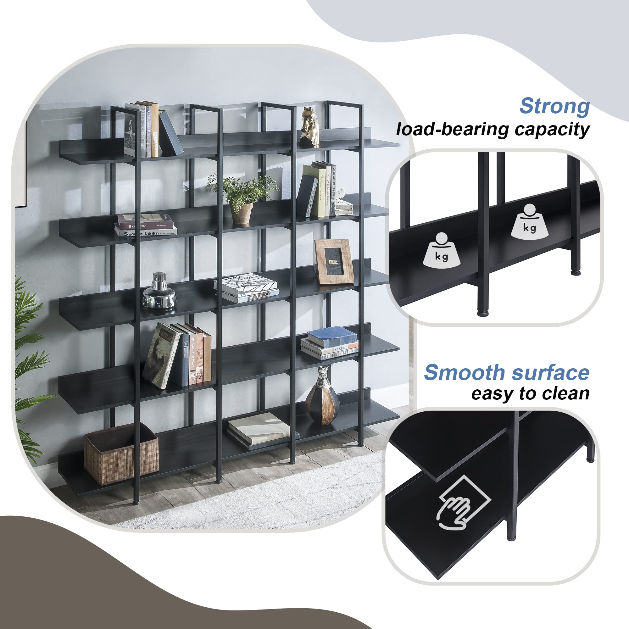 LUMISOL 5-Tier Industrial Bookshelf - Modern Wood & Metal Bookcase for Home Office, Living Room, Bedroom - Open Storage Shelf for Books, Decor & Organizing (Black)