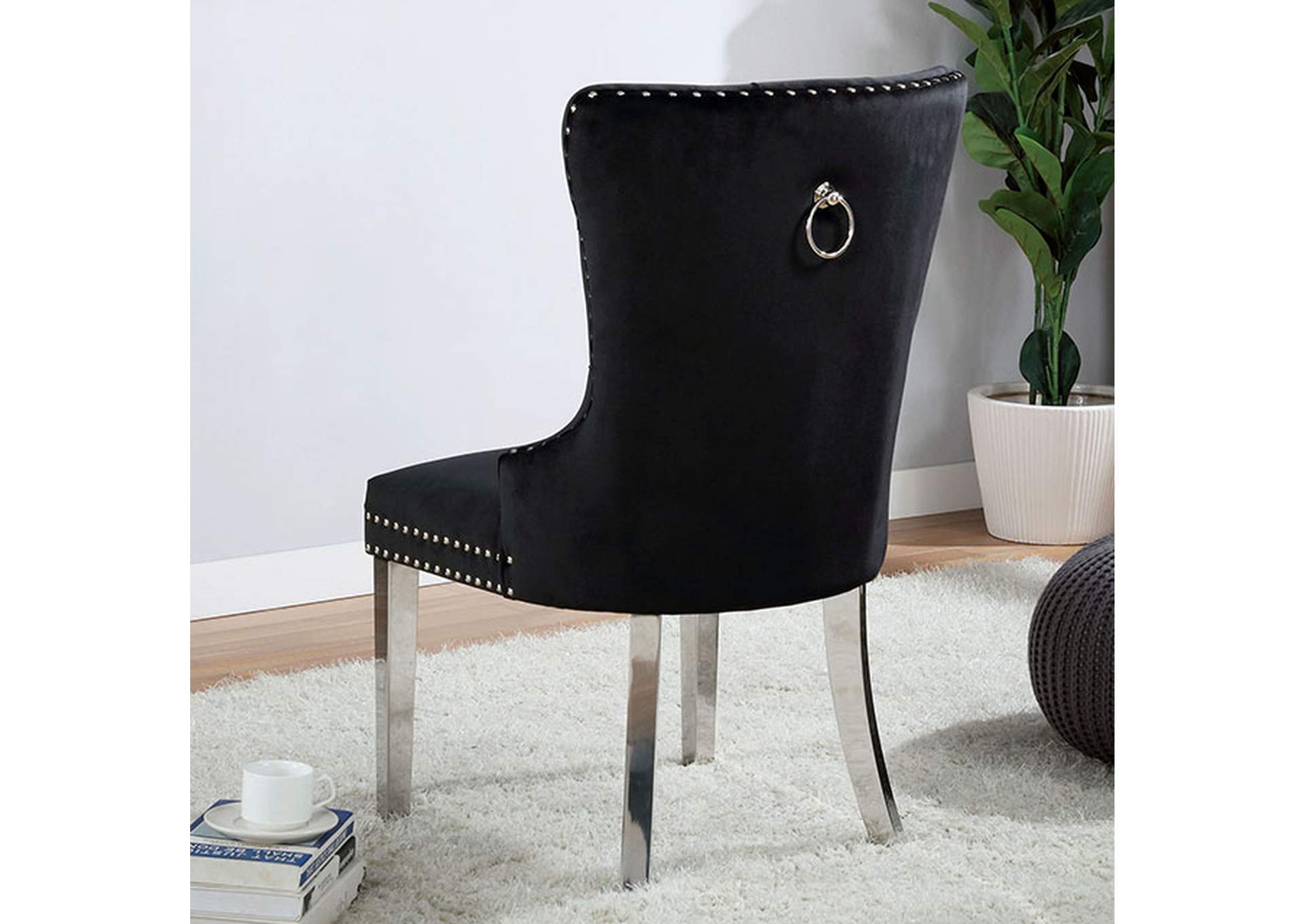 Modern Black Flannel 2-Piece Side Chairs Set - Button Tufted Upholstered Dining Chairs with Wingback Design for Living Room, Dining Room & Home Office