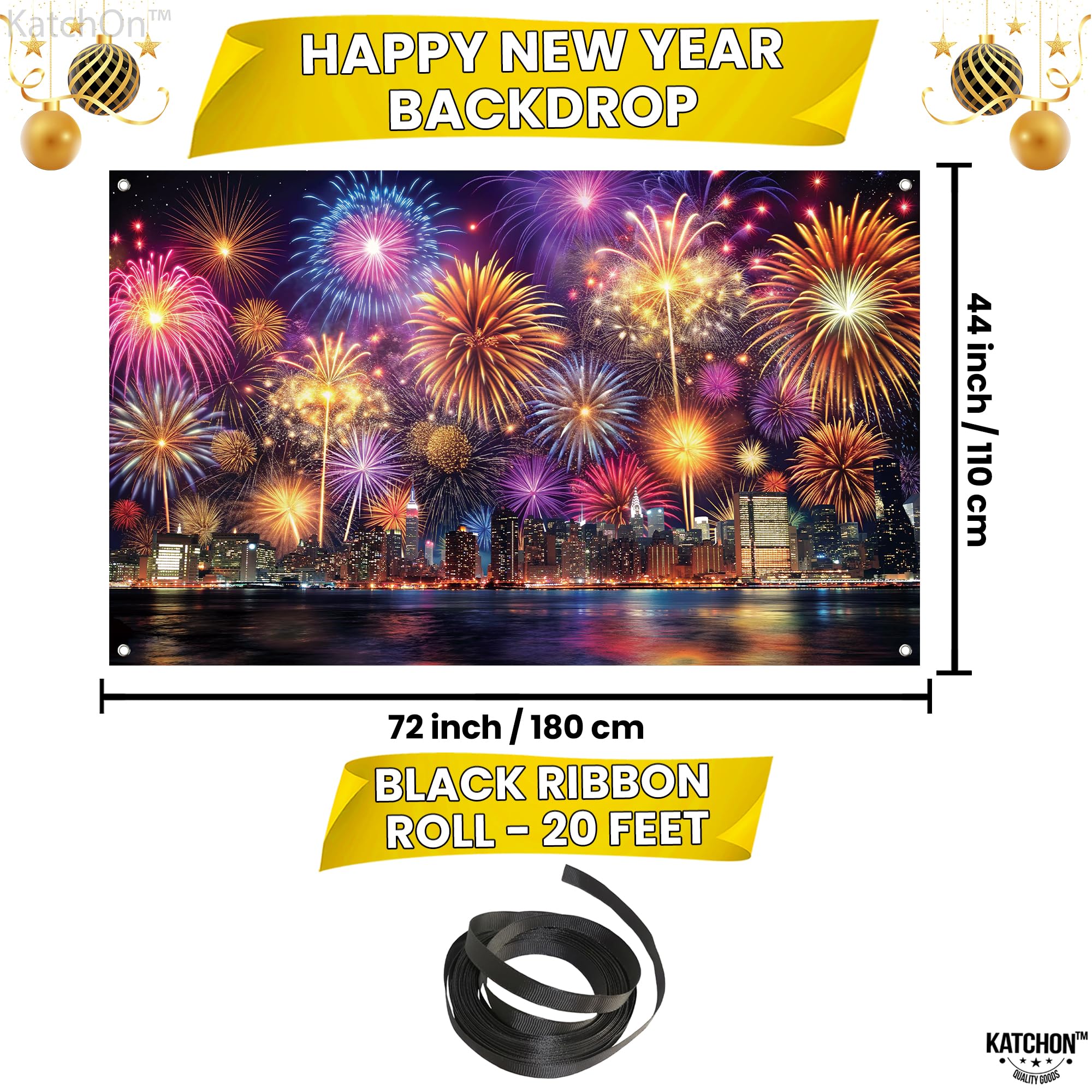 KatchOn Extra Large Happy New Year Banner - 72x44 Inch NYE Party Backdrop | 2025 New Year's Eve Decorations for Home & Office | Giant Festive Banner for New Year's Party Supplies, Photo Booth & Celebrations