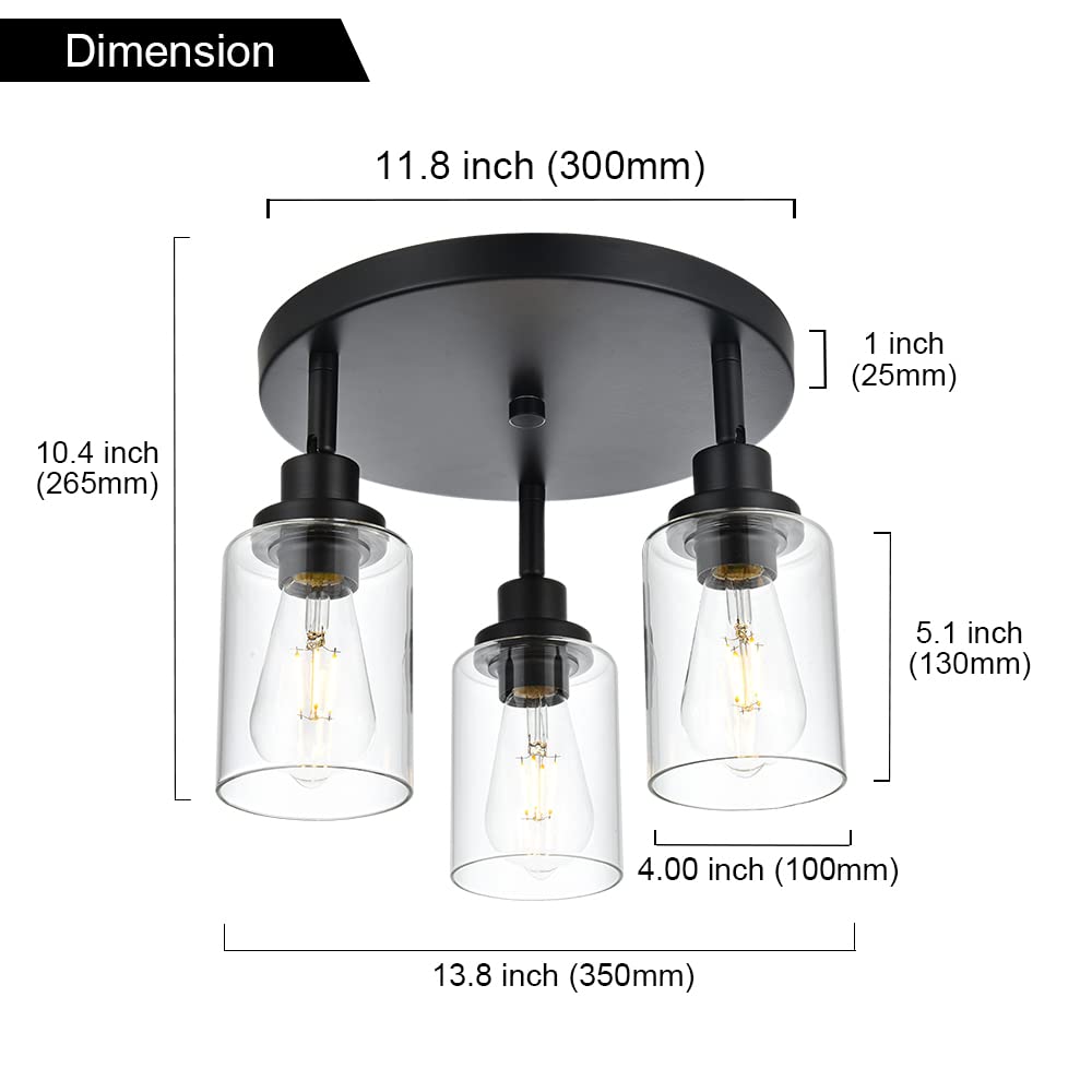 MELUCEE 3-Light Black Round Semi Flush Mount Track Lighting Fixture - Adjustable Directional Ceiling Light for Kitchen, Hallway, Foyer & Entryway | Modern Home & Commercial Lighting Solution