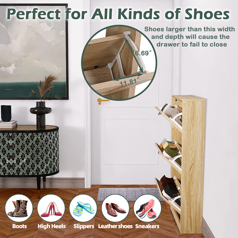HOPUBUY 3-Tier Rattan Shoe Storage Cabinet - Narrow Entryway Shoe Organizer with Hidden Design for Home & Apartment - Natural Wood Slim Shoe Rack for Small Spaces - Perfect for Hallway, Closet or Bedroom Organization