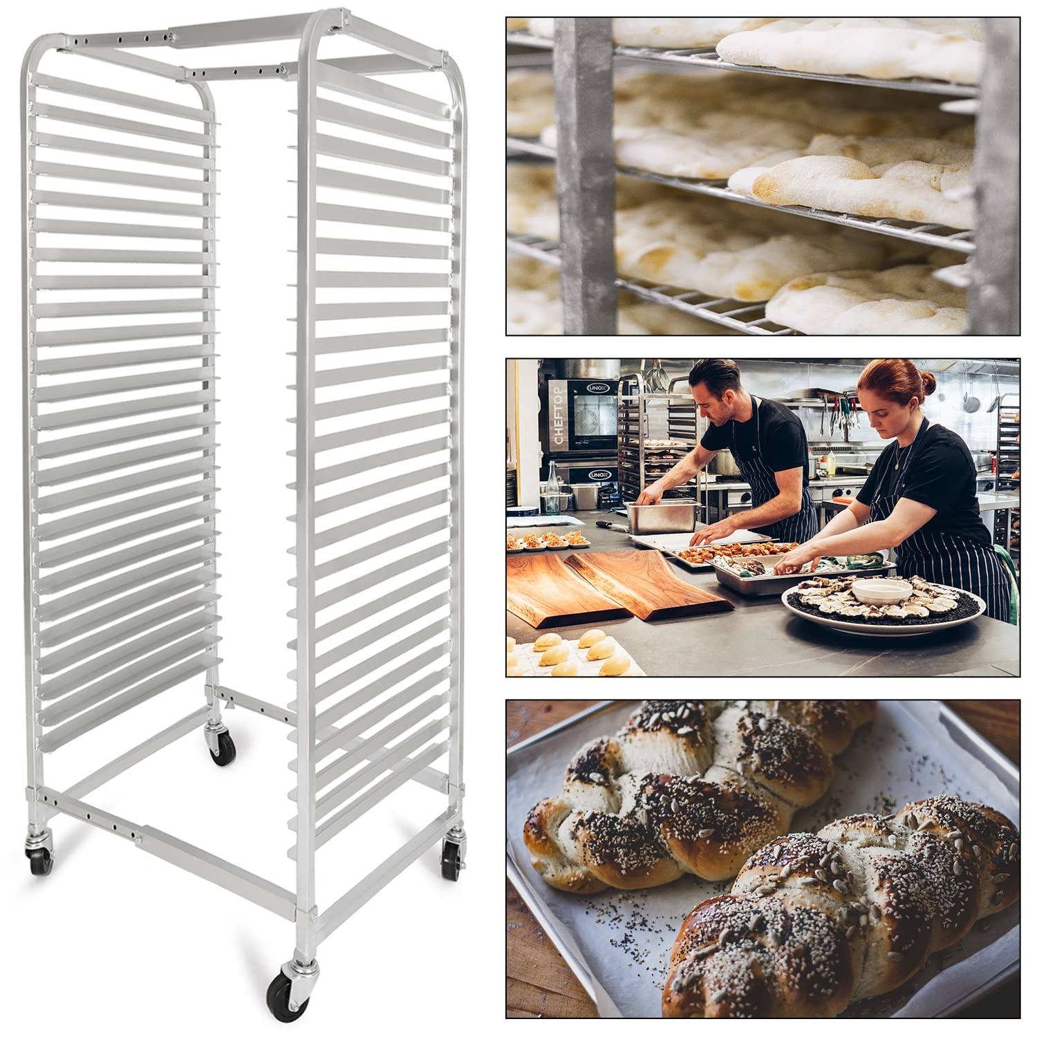 HECASA 25-Tier Adjustable Bun Pan Rack with Brake Wheels - Heavy Duty Aluminum Baking Sheet Organizer for Commercial Kitchen, Bakery, Restaurant, Pizzeria & Home Use - 24.72