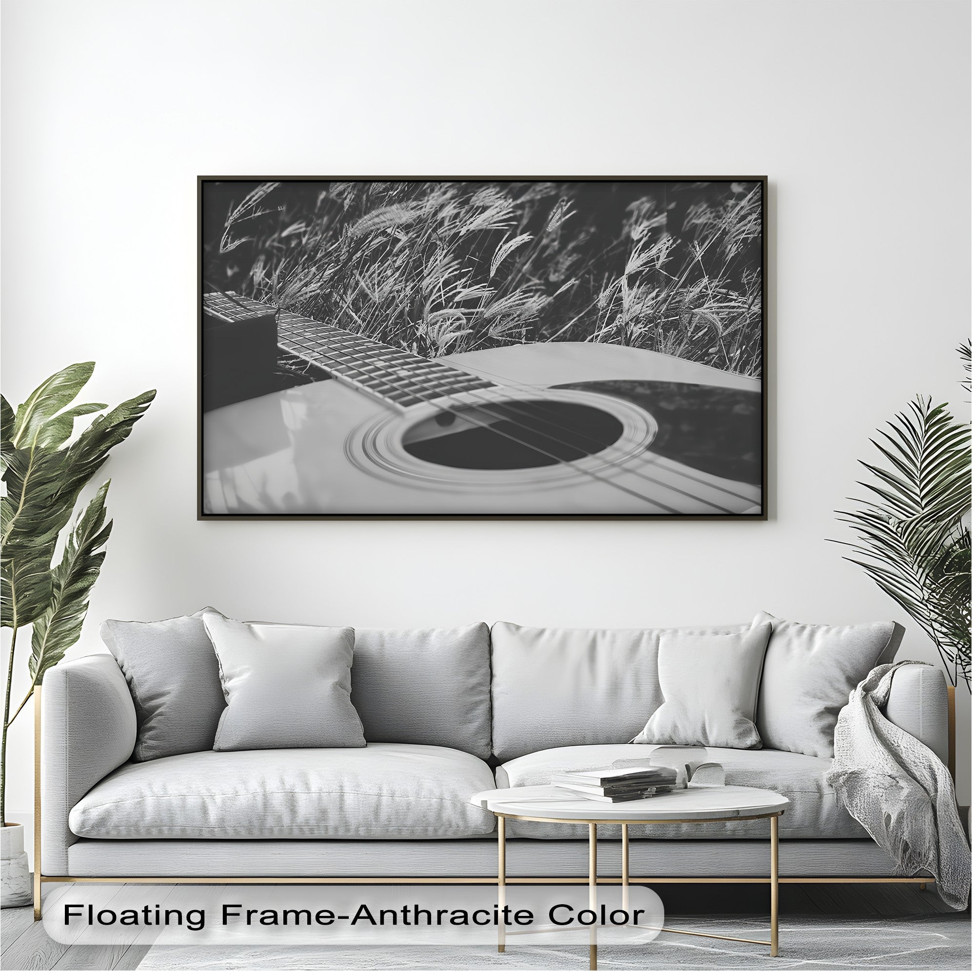 Acoustic Guitar in Field - Black and White Nature Music Canvas Prints | Wall Art Decor for Living Room, Bedroom & Office | Music Lover Gift