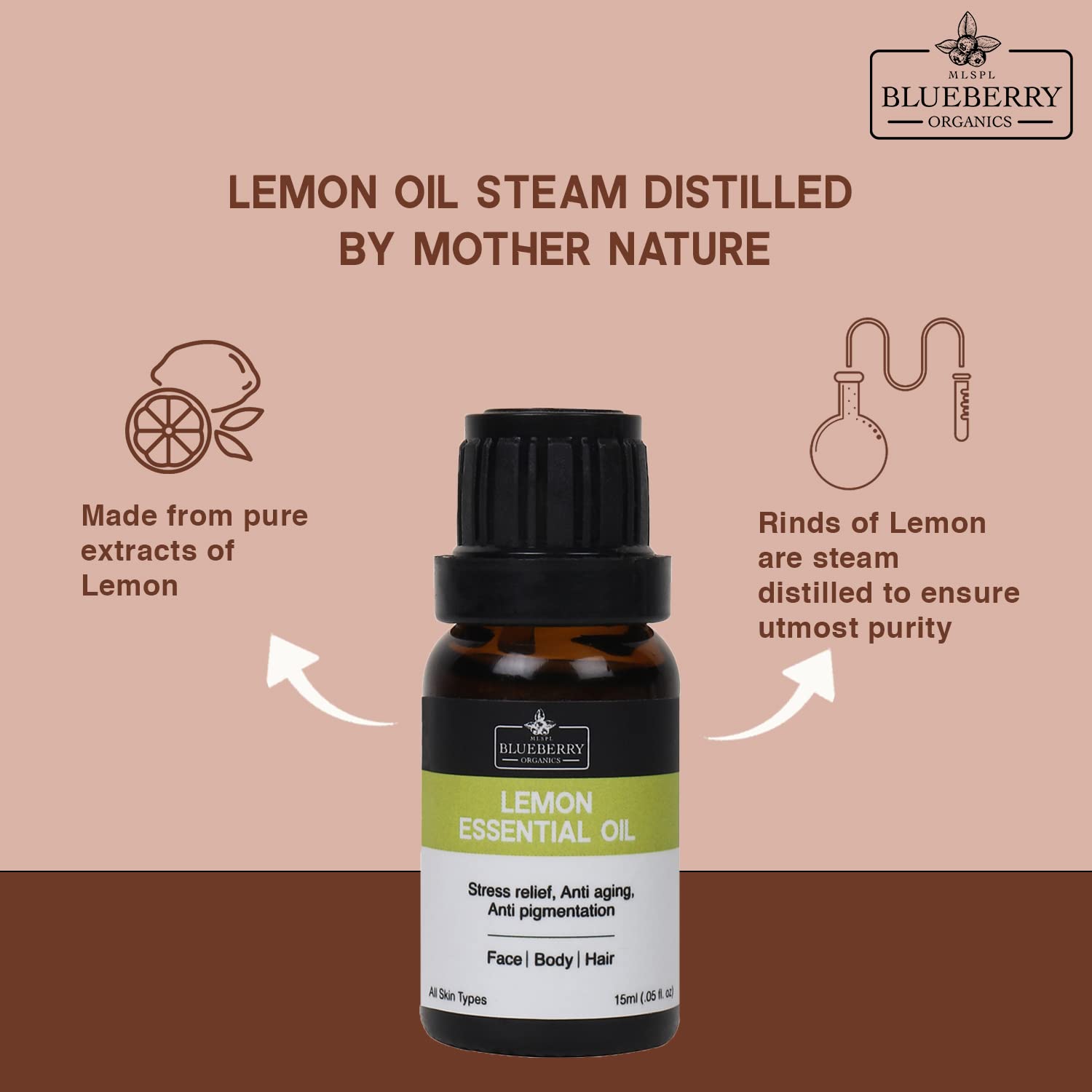 MLSPL BLUEBERRY ORGANICS Pure Lemon Essential Oil - 15ml | Natural Skin Brightening & Dandruff Treatment | For All Skin & Hair Types | Perfect for Aromatherapy, DIY Beauty & Hair Care
